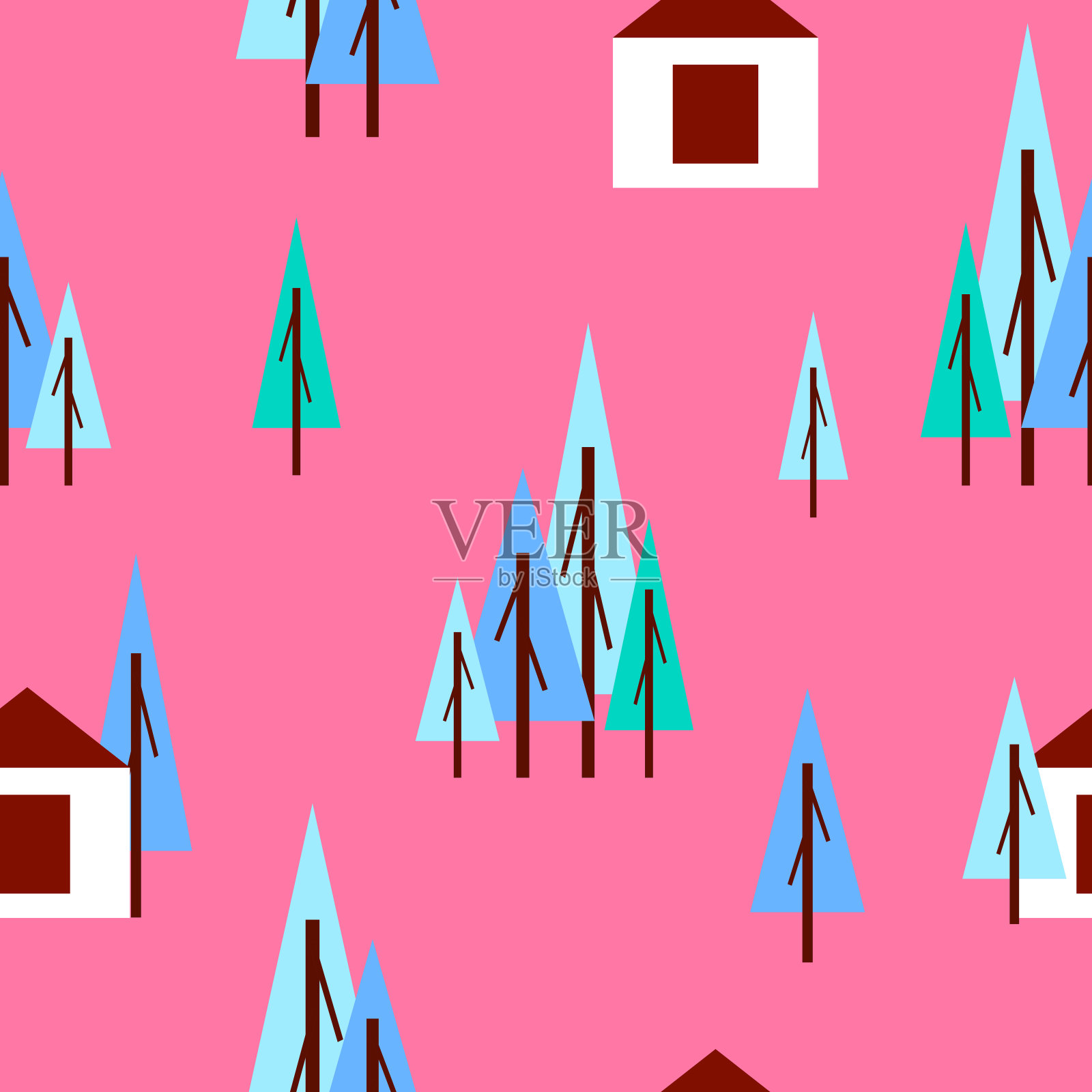 无缝模式与冬季蓝色冷杉树和白色的房子。粉红色的背景。卡通平的风格。花园或森林。圣诞快乐。明信片，墙纸，纺织品，剪贴簿和包装纸插画图片素材