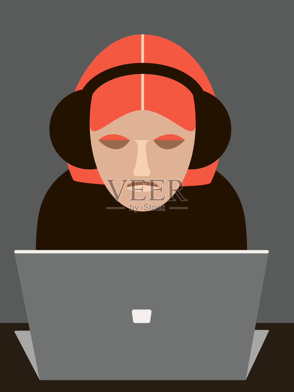 戴着黑色耳机和笔记本电脑的女孩插画图片素材