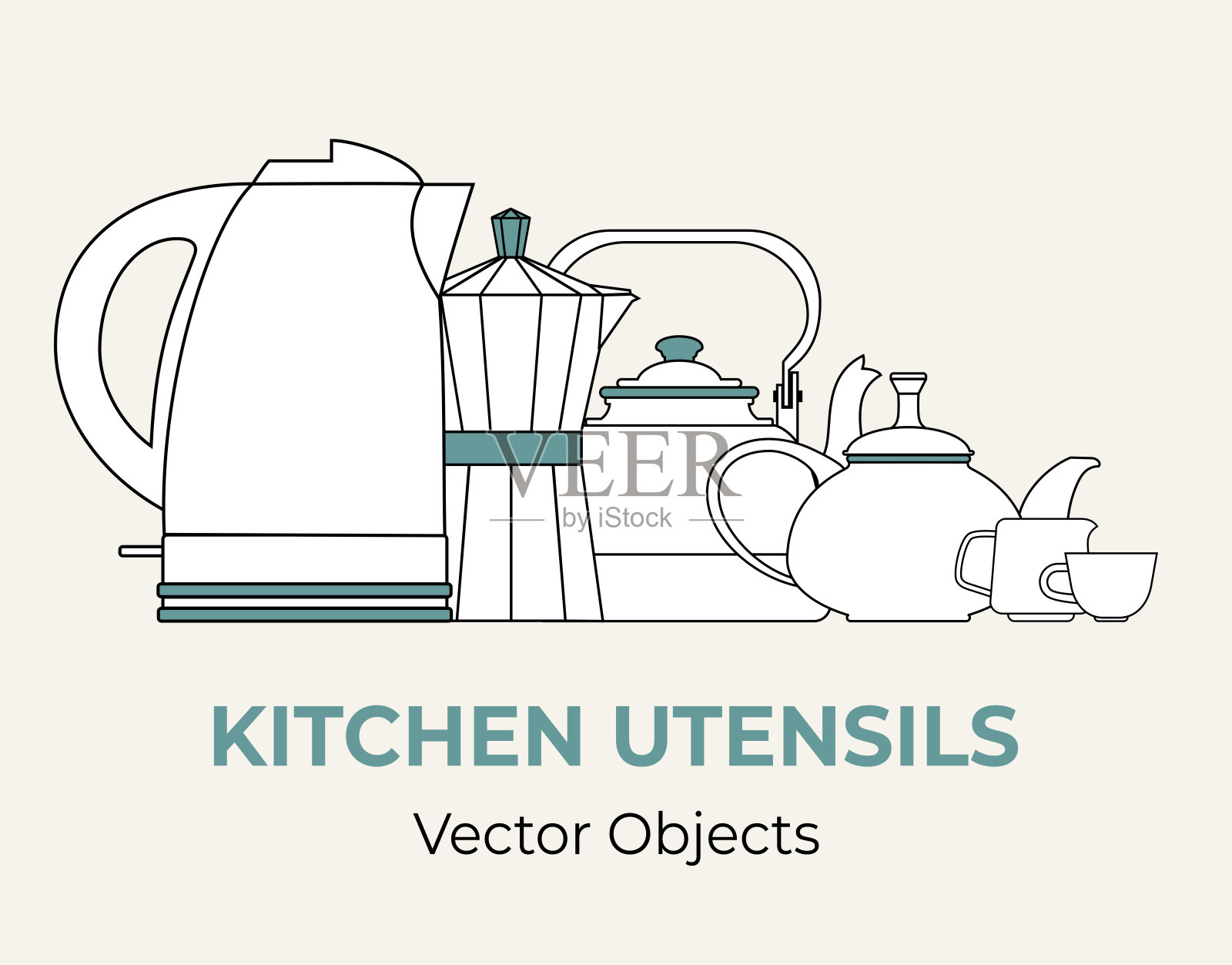 饮料、咖啡、茶具概念矢量隔离。茶壶水壶杯子水壶摩卡壶咖啡机简单形式插图插画图片素材