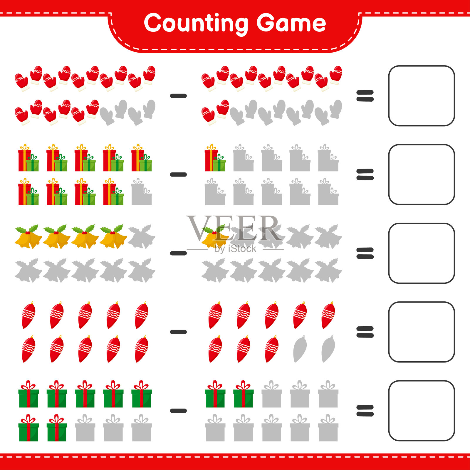 数数游戏，数数圣诞装饰的数量并写出结果。教育儿童游戏，可打印的工作表，矢量插图插画图片素材