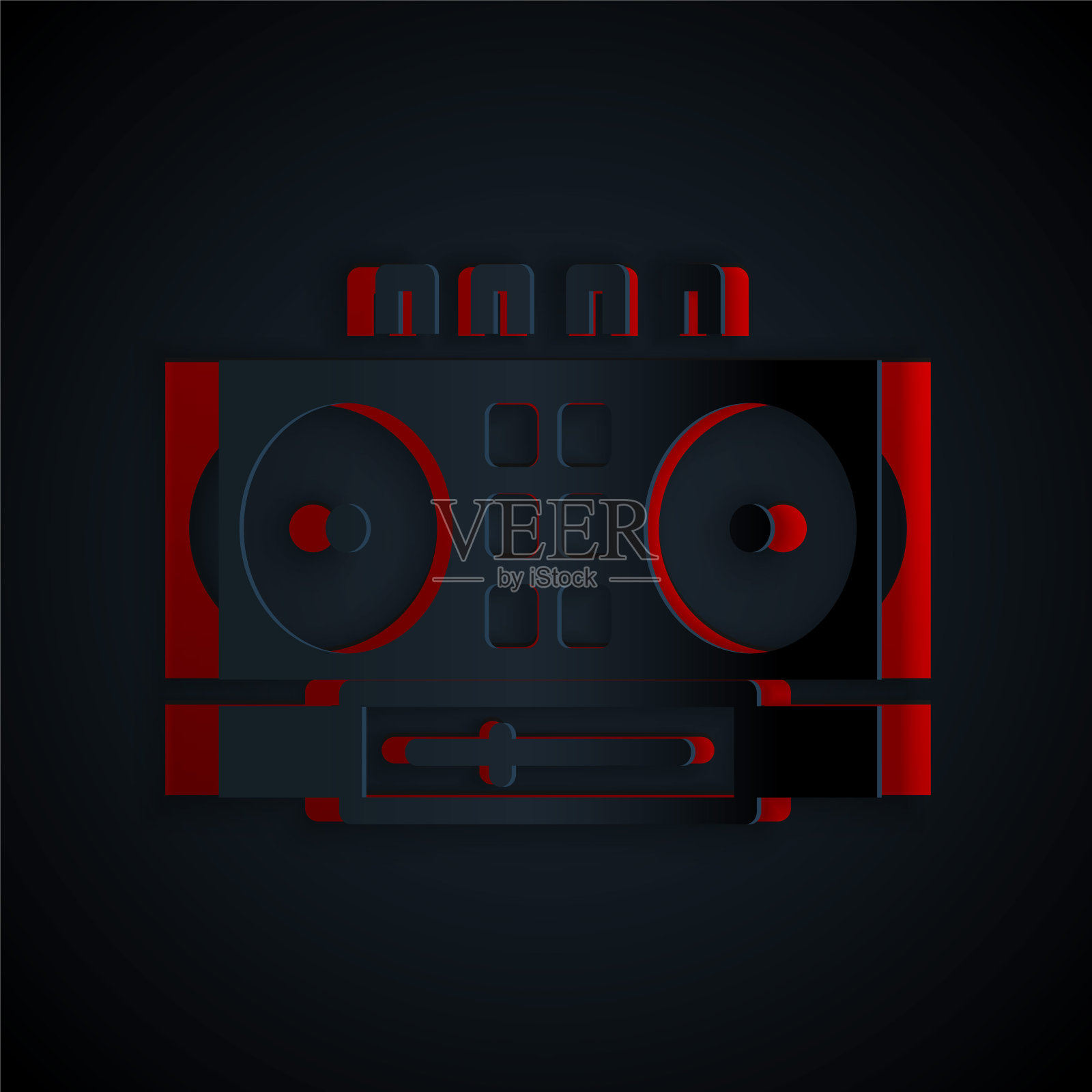 黑色背景上的剪纸风格DJ打碟机和混音台图标。DJ混音器配有唱片机和遥控器。矢量图插画图片素材