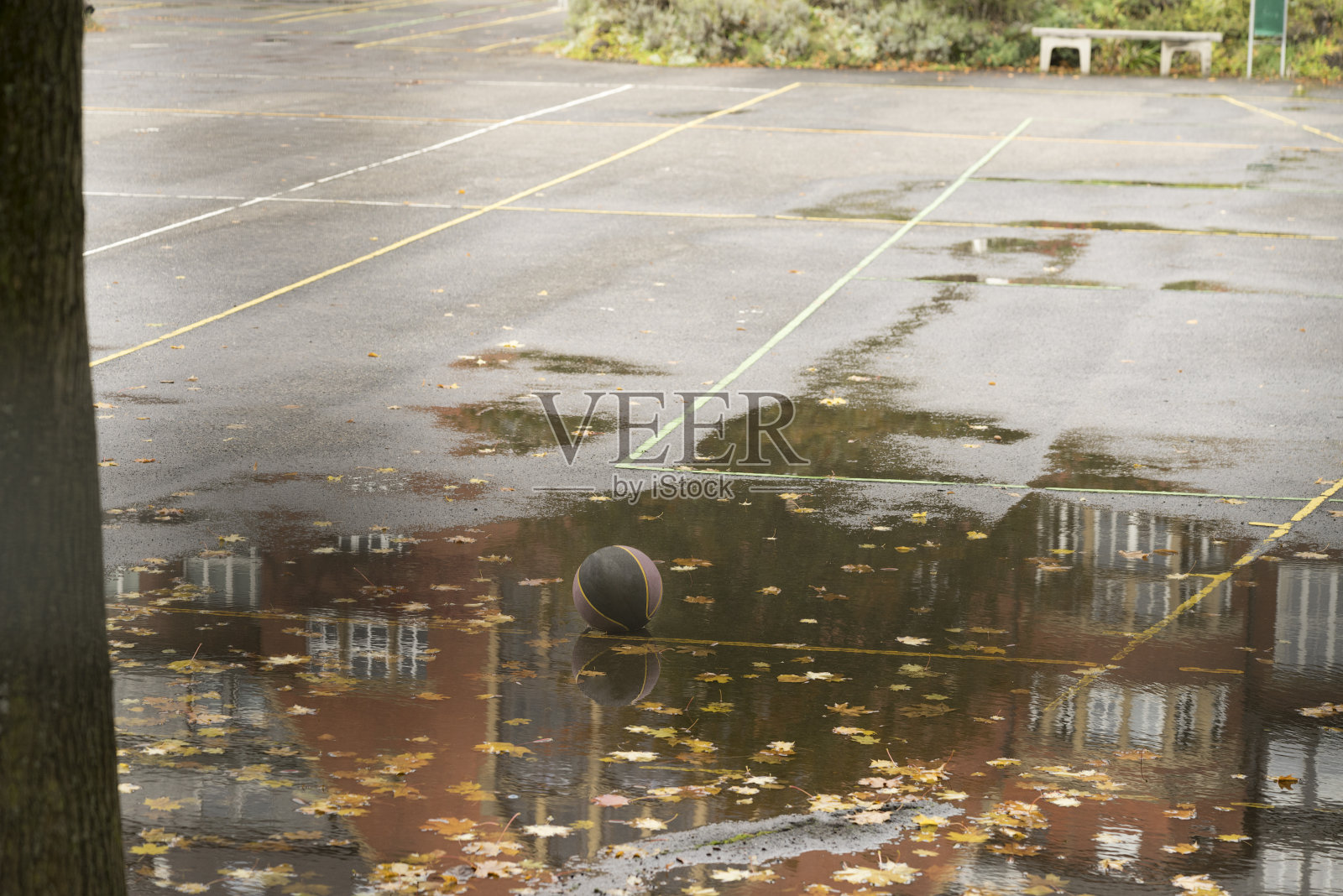 在一个废弃的中学校园里，篮球躺在一个雨水坑里——这是由于Covid - 19或Corona病毒而被封锁的概念照片摄影图片