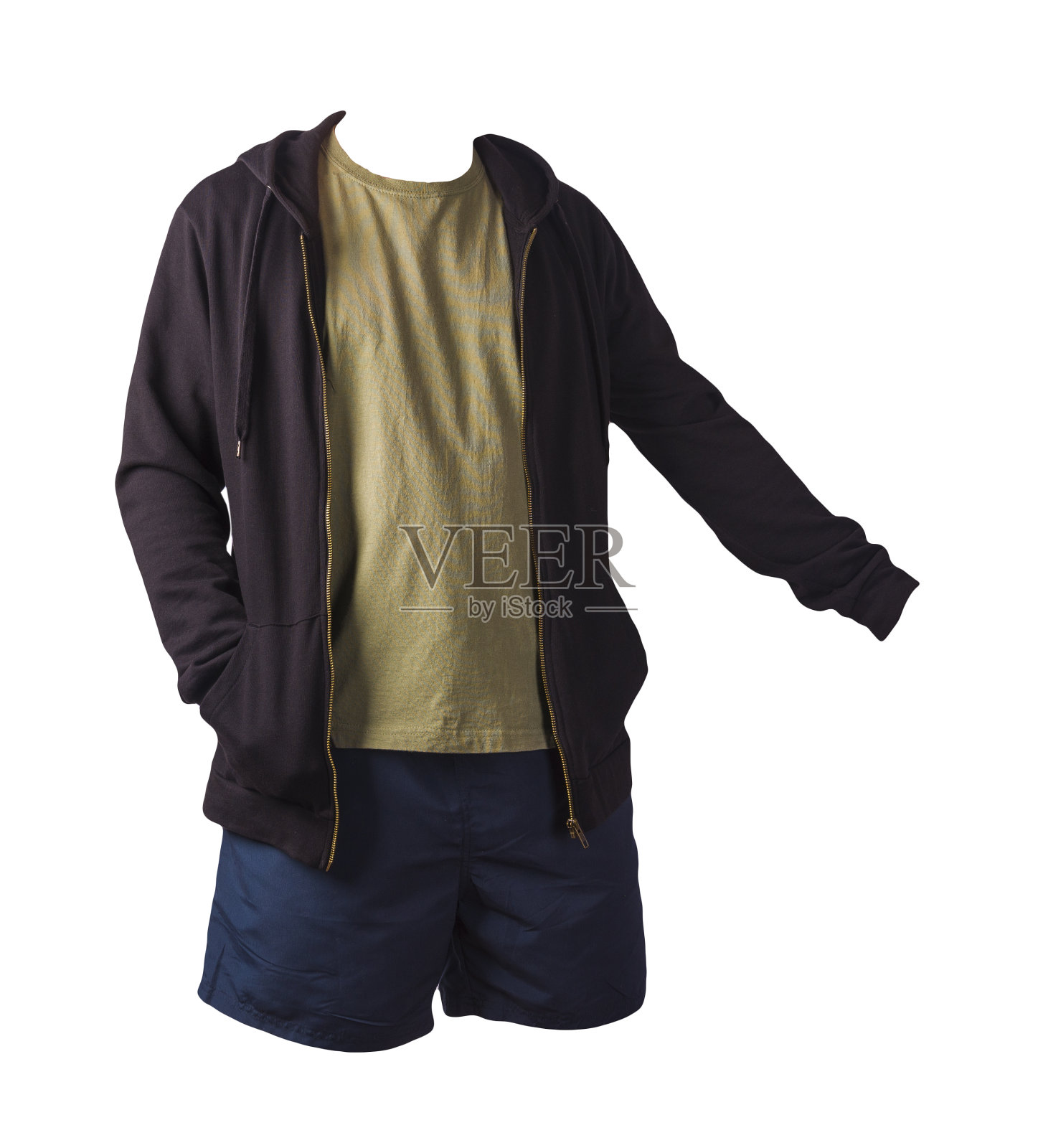 运动衫与铁拉链帽衫，t恤和运动短裤孤立的白色背景。照片摄影图片