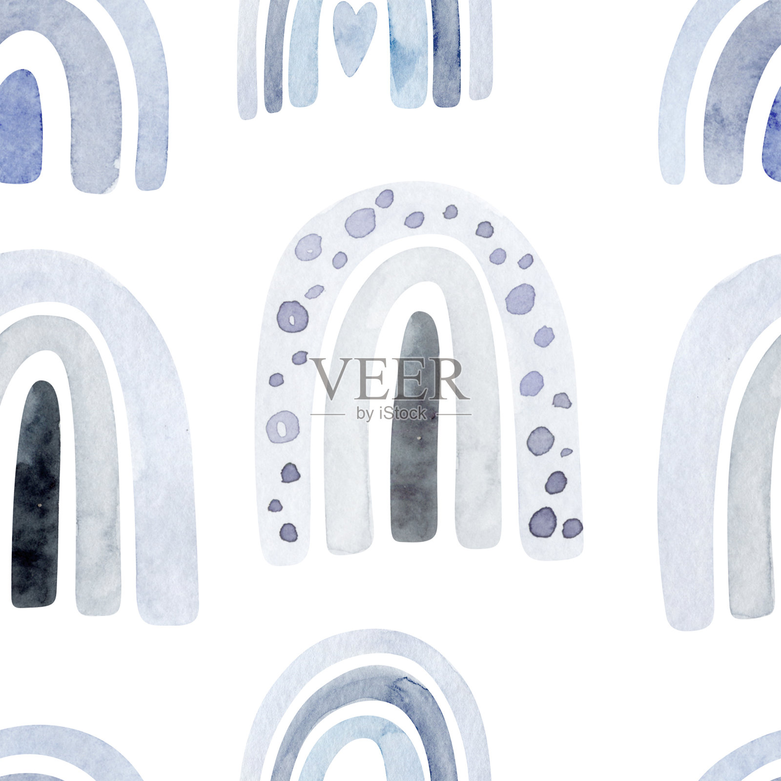 水彩小孩雨无缝图案。斯堪的纳维亚手工绘制波西米亚彩虹背景。时尚斯堪的纳维亚风格的苗圃艺术织物插图。当代艺术，男孩和女孩的彩虹图形插画图片素材