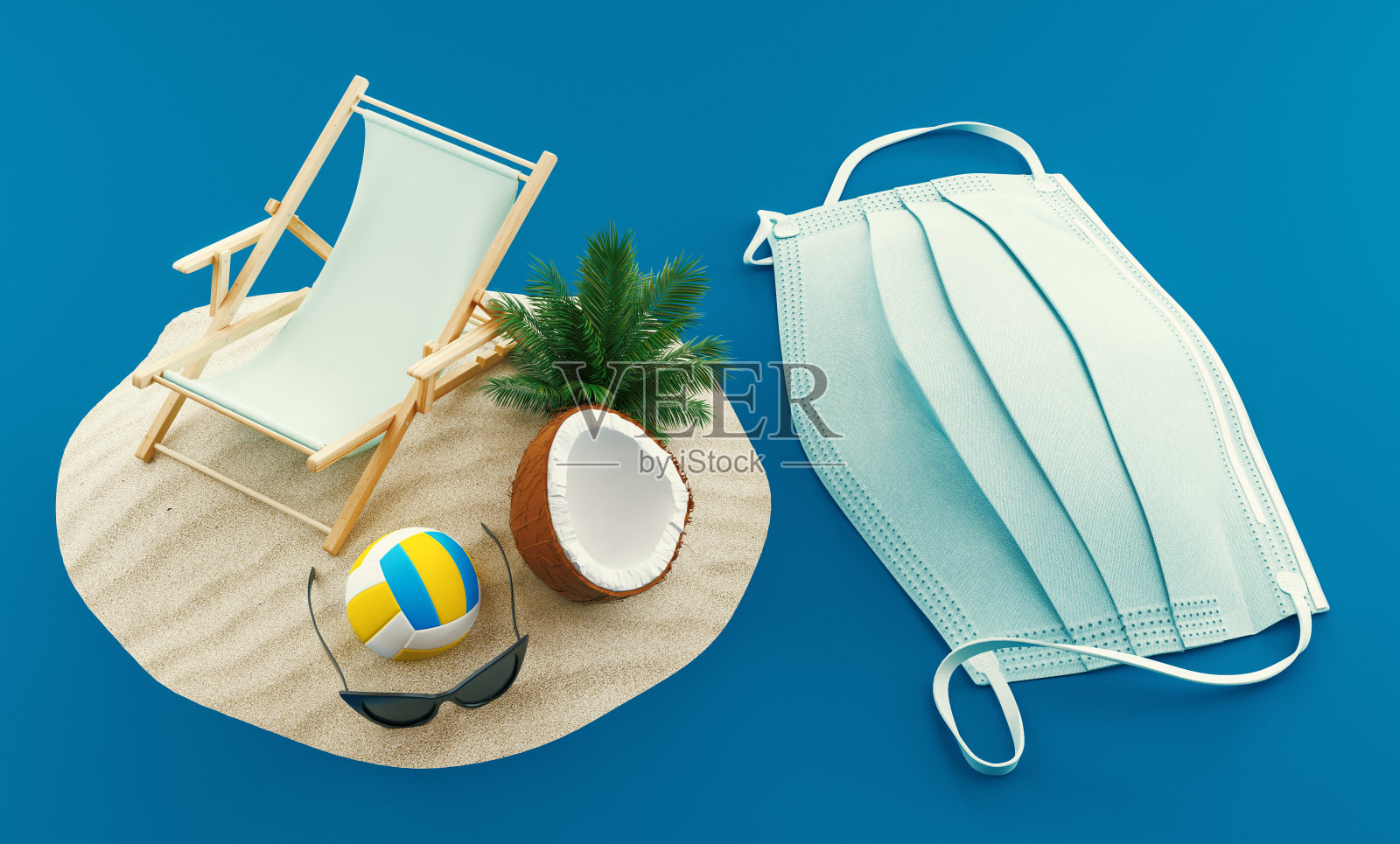 暑假禁止旅行，因有病毒风险带口罩在海滩上，3d渲染概念照片摄影图片