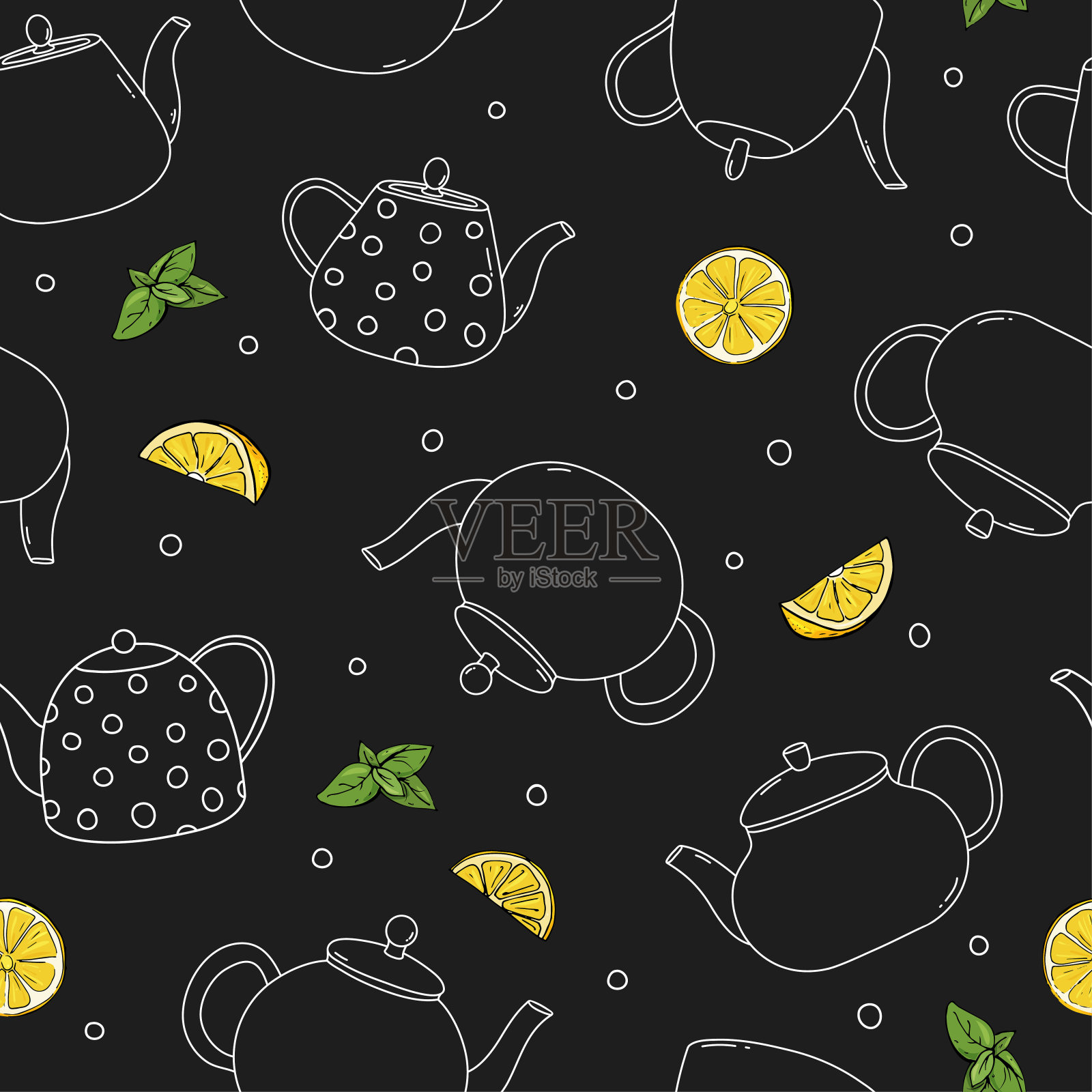 茶壶和柠檬的无缝图案。插画图片素材