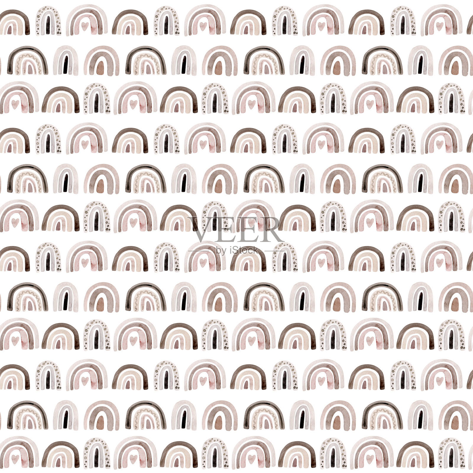 水彩小孩雨无缝图案。斯堪的纳维亚手工绘制波西米亚彩虹背景。时尚斯堪的纳维亚风格的苗圃艺术织物插图。当代艺术，男孩和女孩的彩虹图形插画图片素材