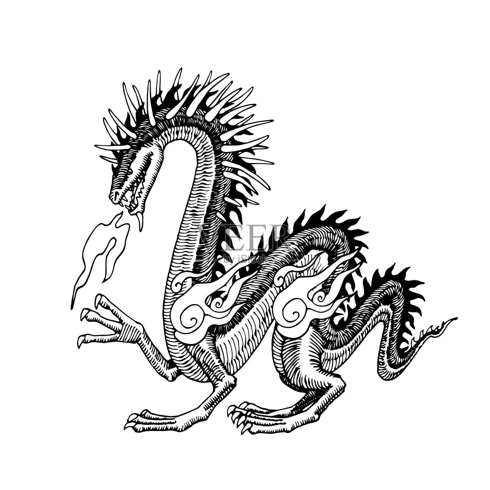 装饰有火焰的角龙，象征好运，幻想动物插画图片素材