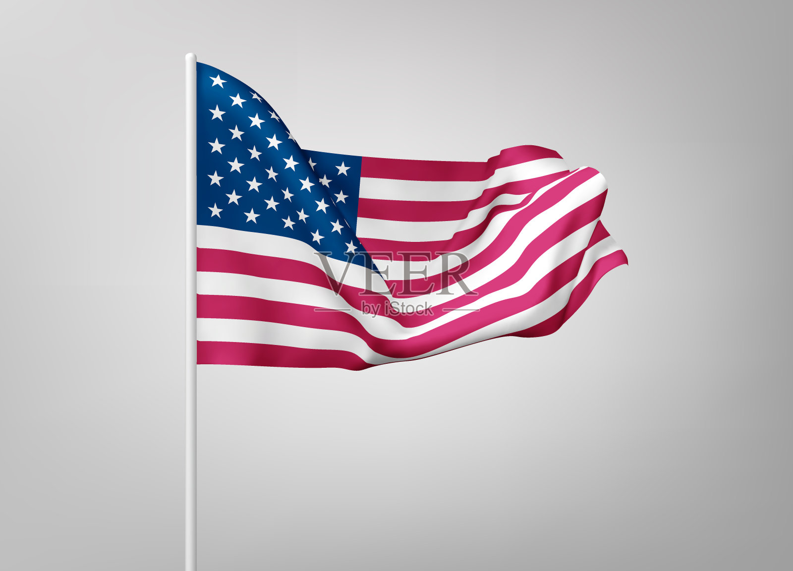 美国国旗上的白色钢杆孤立在白色背景。美国的国家象征，丝绸飘扬的旗帜上有红白相间的条纹，蓝色上有星星。矢量3d现实插图。EPS10设计元素图片