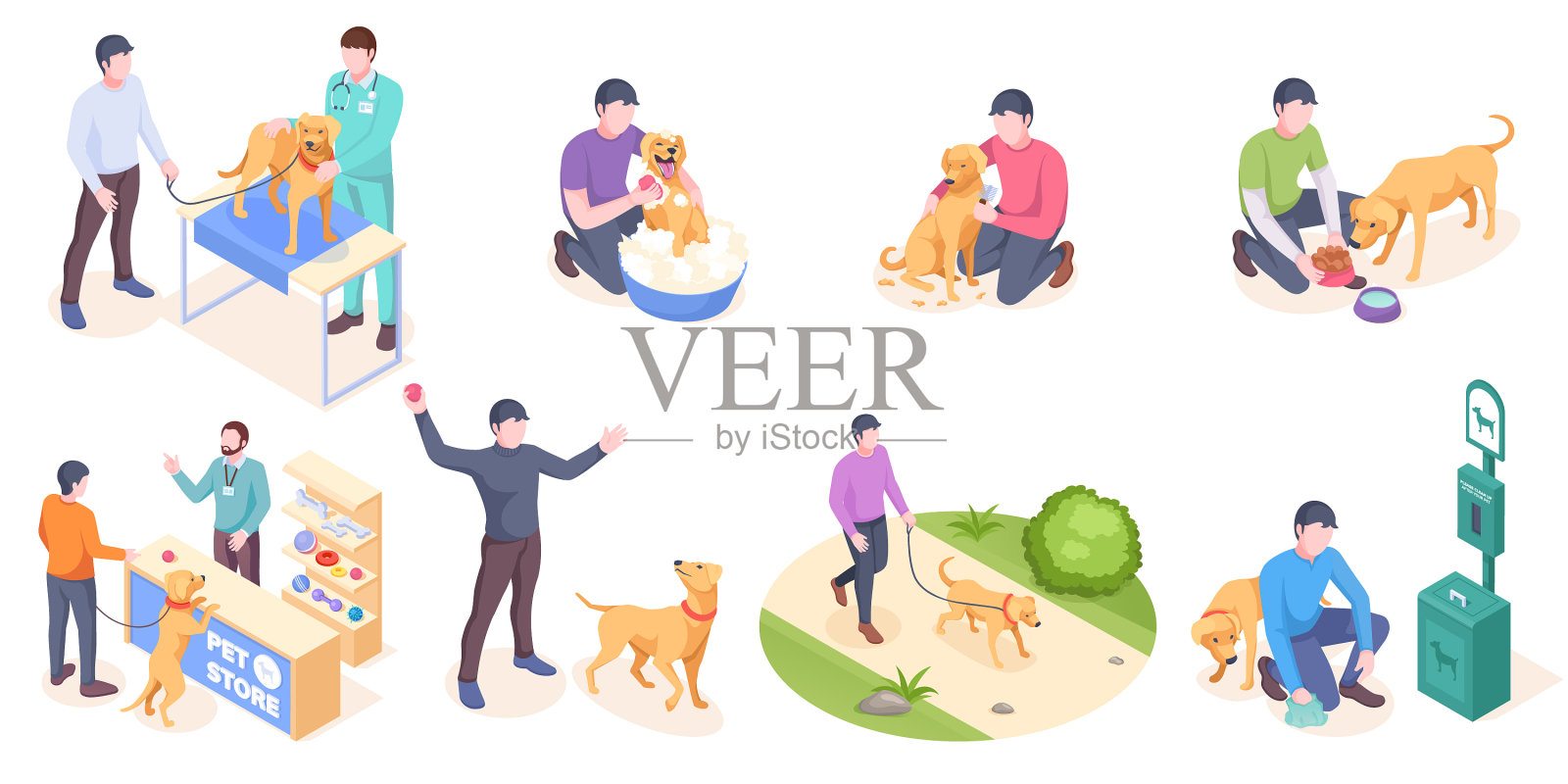 宠物狗每天照顾主人，动物生活等距插画图片素材