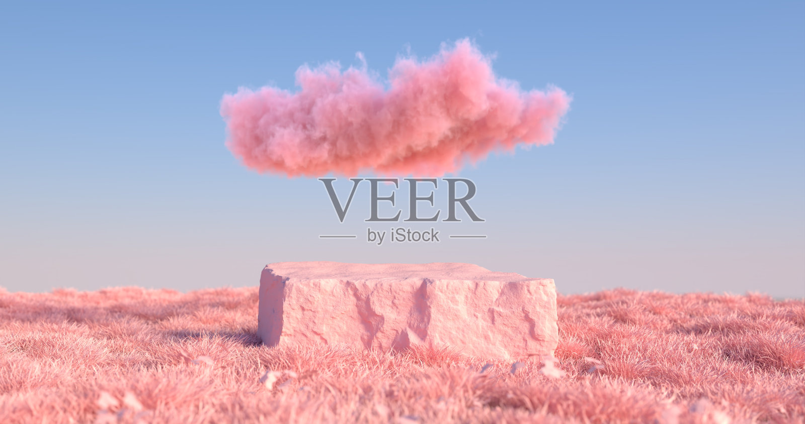 三维渲染的石质讲台和粉红色的草。照片摄影图片