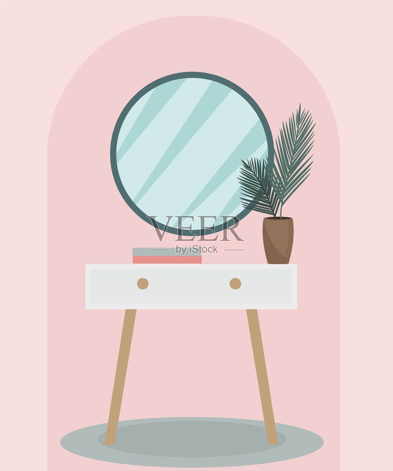 在复古的台座桌子上的圆镜插画图片素材