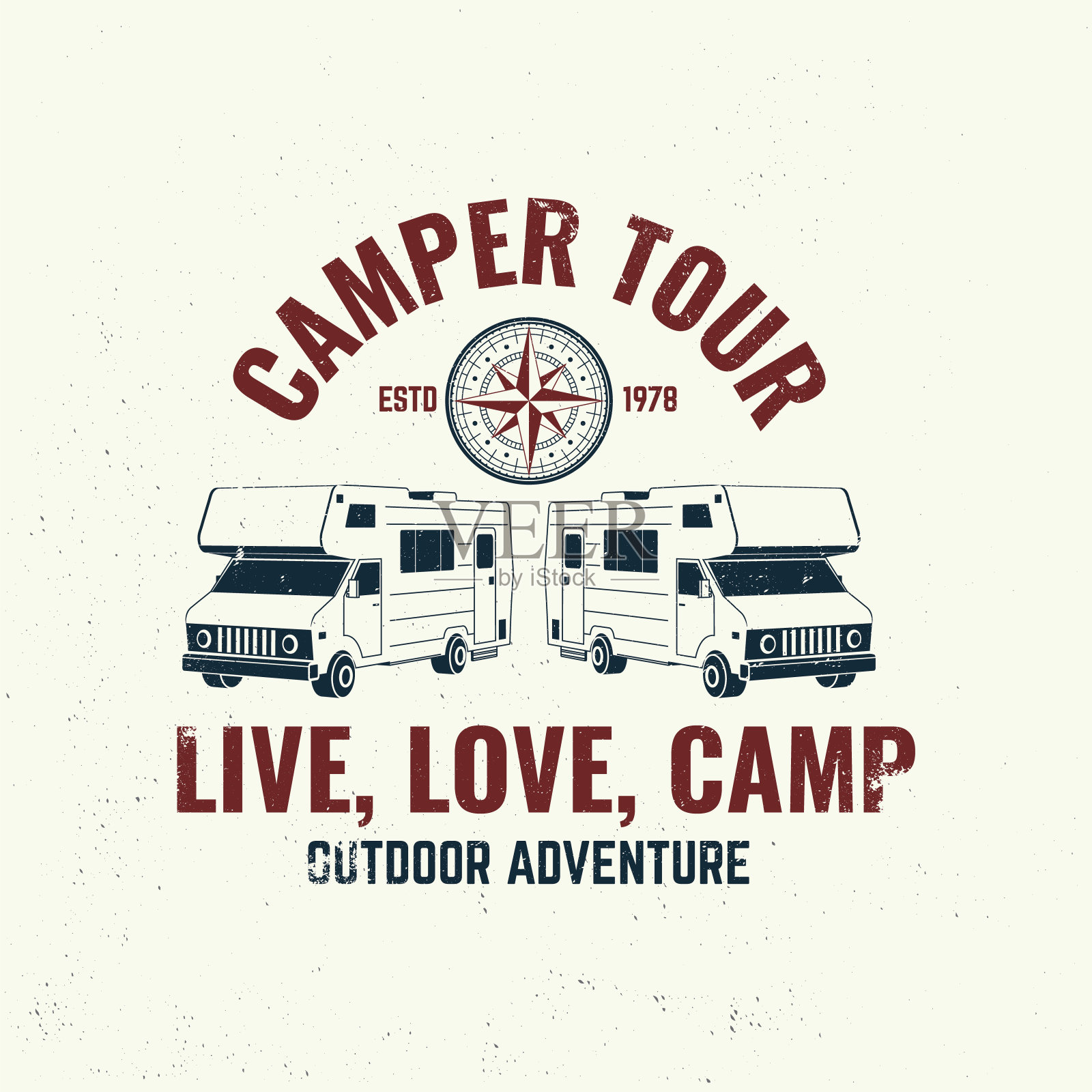 露营者之旅。生活,爱情,营地。野营报价。矢量插图。概念衬衫或标志，印刷，邮票或t恤。复古排版设计与3d露营车，风玫瑰剪影。插画图片素材