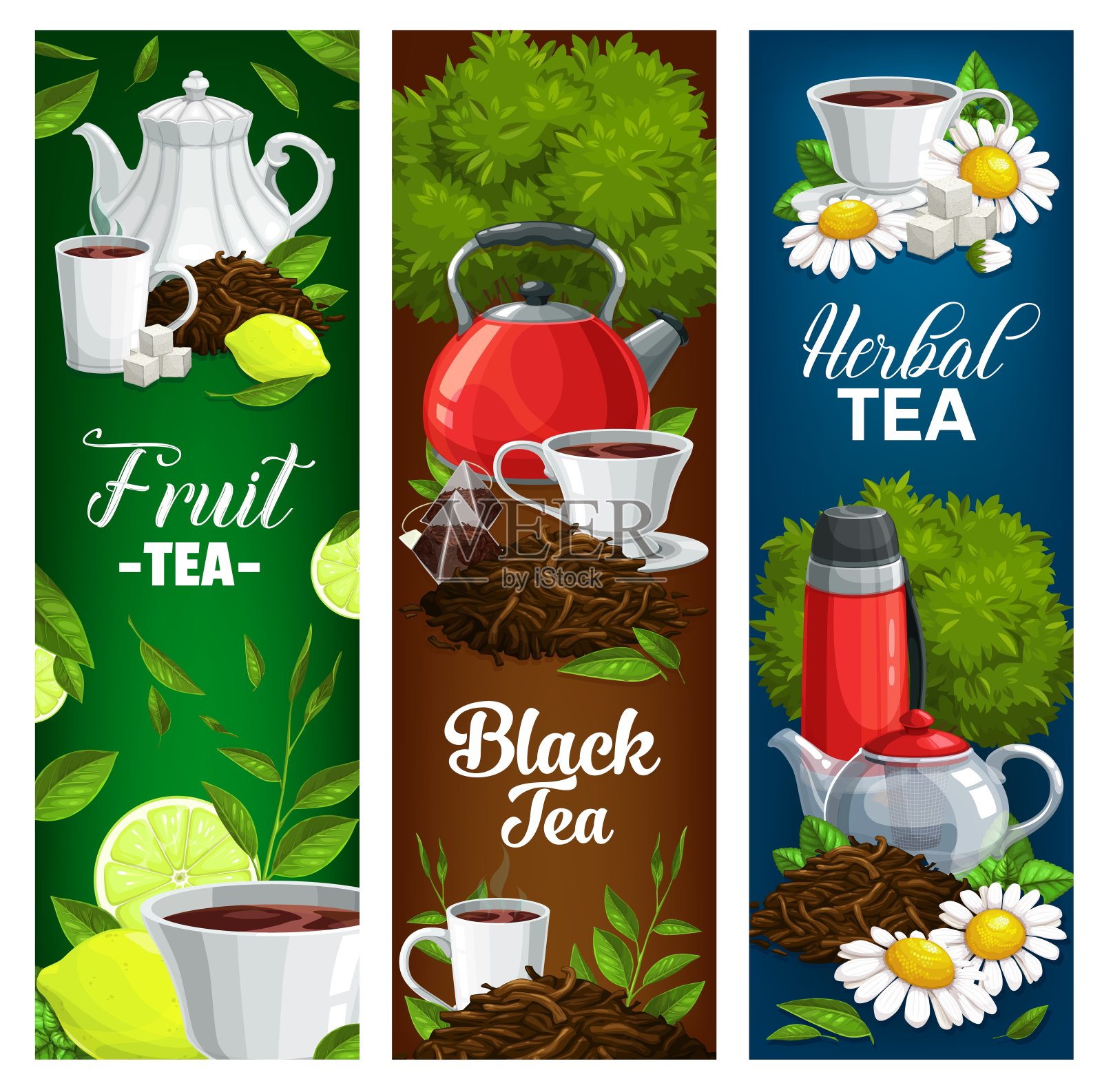 草药，水果和红茶矢量横幅设置插画图片素材