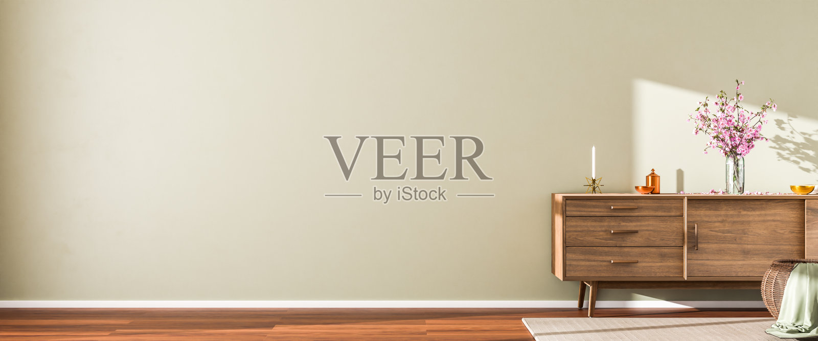 室内场景:木制餐具柜，上面有樱花、碗和蜡烛。硬木地板上有柳条篮子和地毯。3d渲染-网页横幅大小与大量的复制空间照片摄影图片