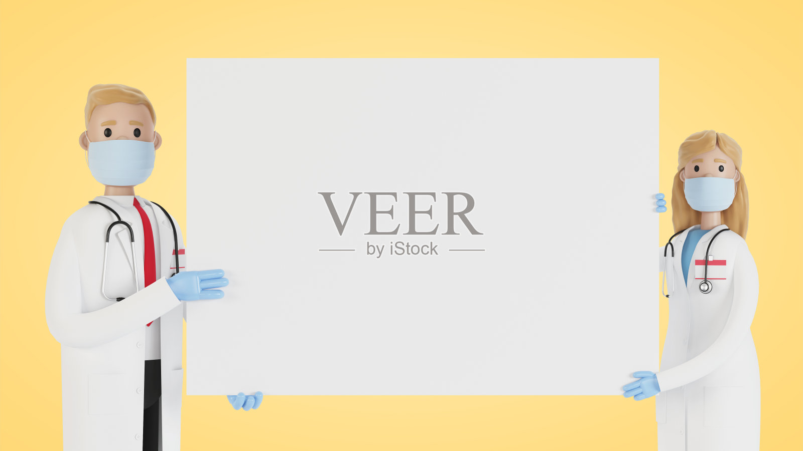 医生。医学专家男女手拿空白海报。3D插图卡通风格。照片摄影图片