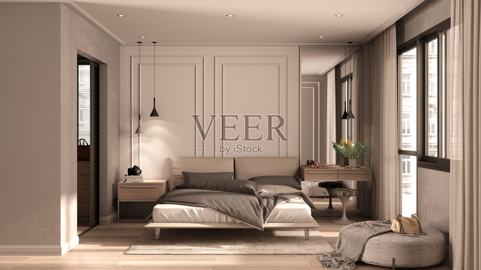 简约经典的米色卧室，带有步入式衣柜，双人床，羽绒被和枕头，带灯的壁柜，地毯。拼花和灰泥墙，豪华的室内设计理念照片摄影图片