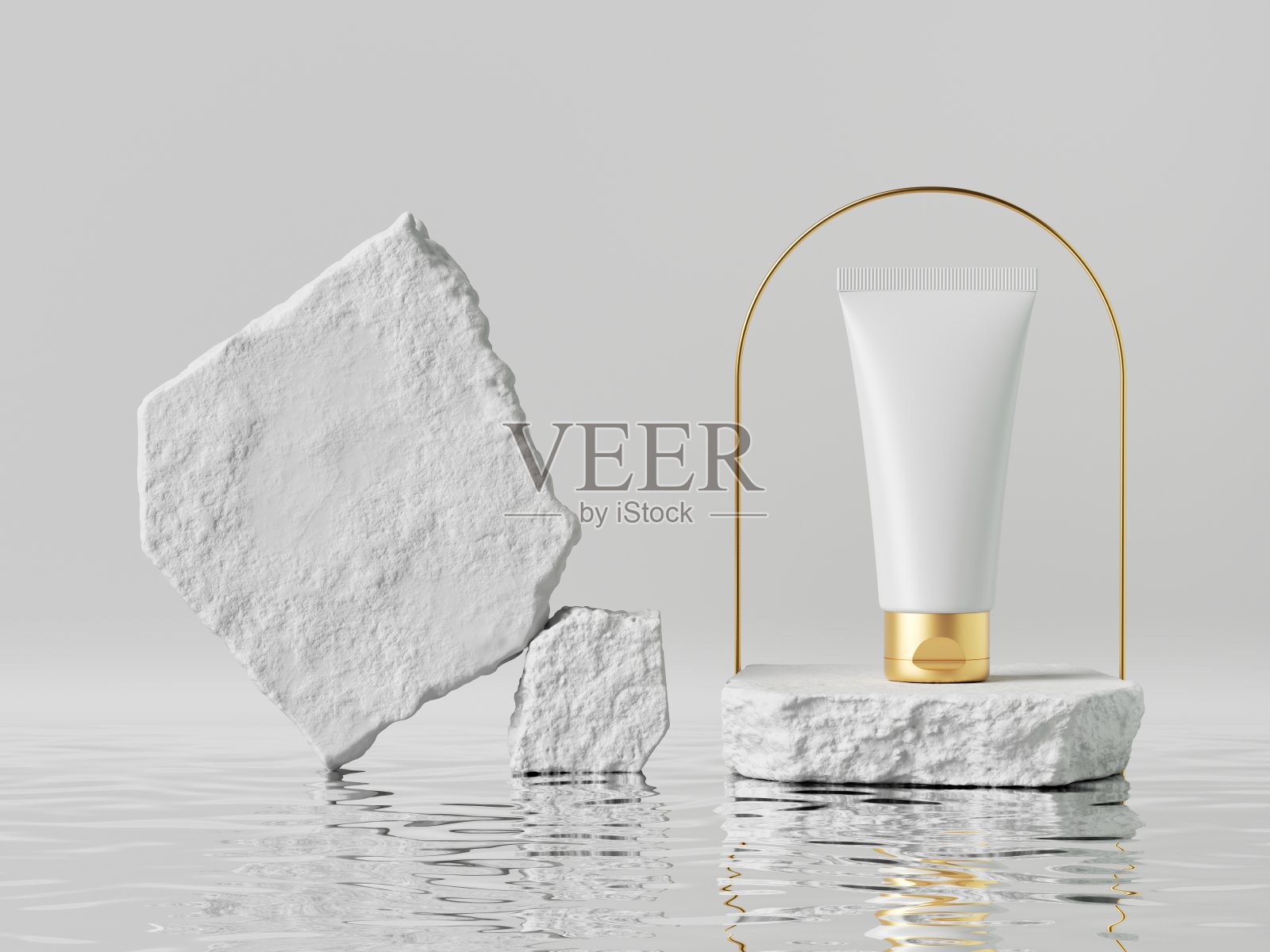 3d渲染，白色的化妆品膏霜管罐与金色的盖子放置在粗糙的鹅卵石平台与金色拱门。现代护肤产品介绍。最小的空白包装模型，商业展示照片摄影图片
