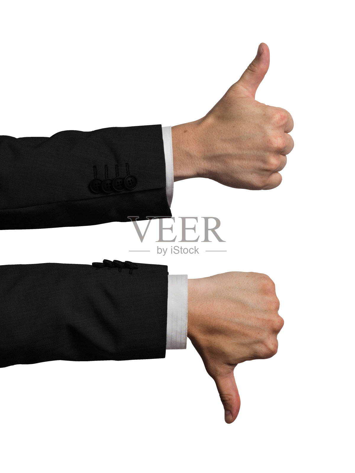 拇指向上和拇指向下的手势，在白色背景的孤立西装照片摄影图片