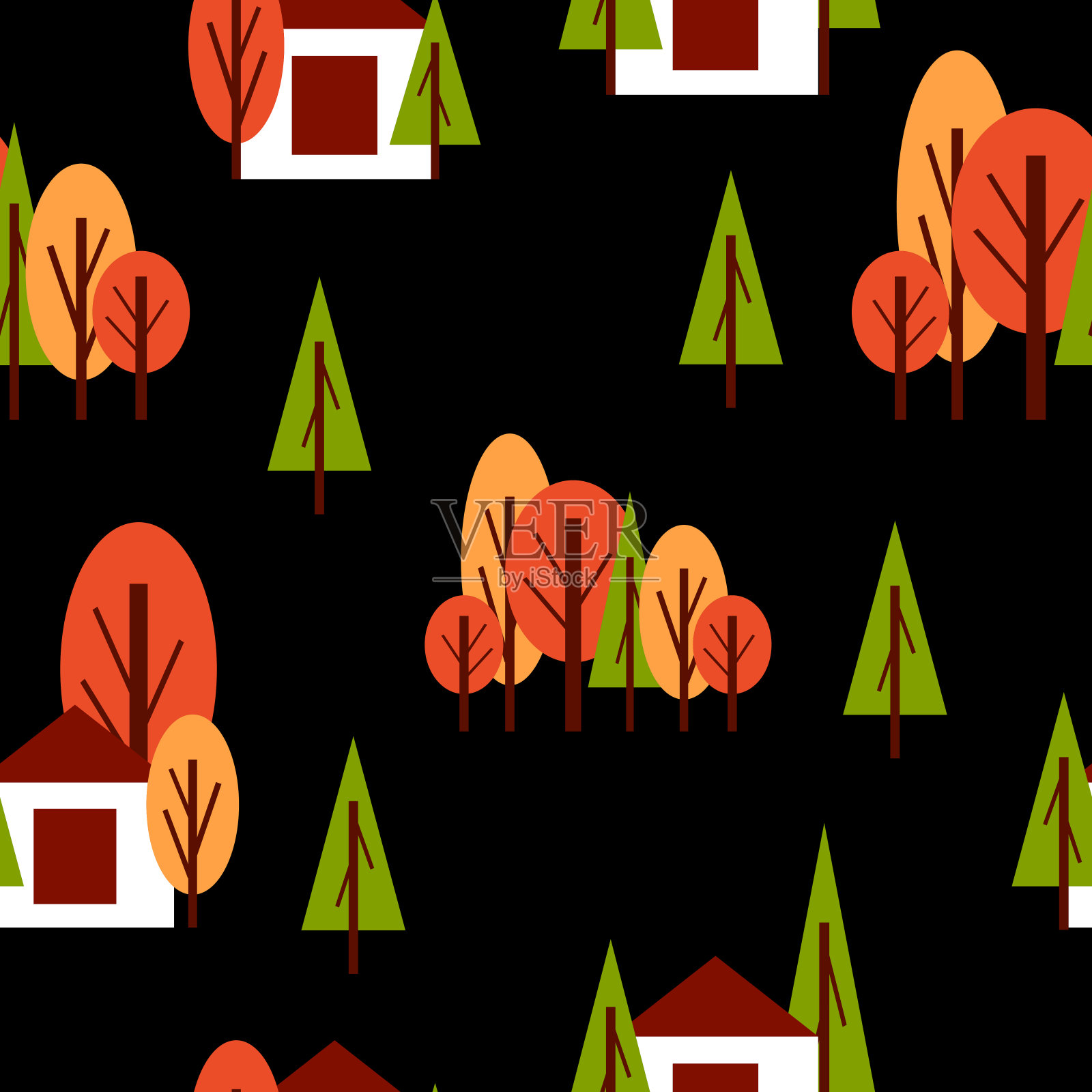 无缝图案与秋天的树木和白色的乡村房子。红色，绿色和橙色。黑色背景。卡通风格。花园或森林。明信片，墙纸，纺织品，剪贴簿和包装纸插画图片素材