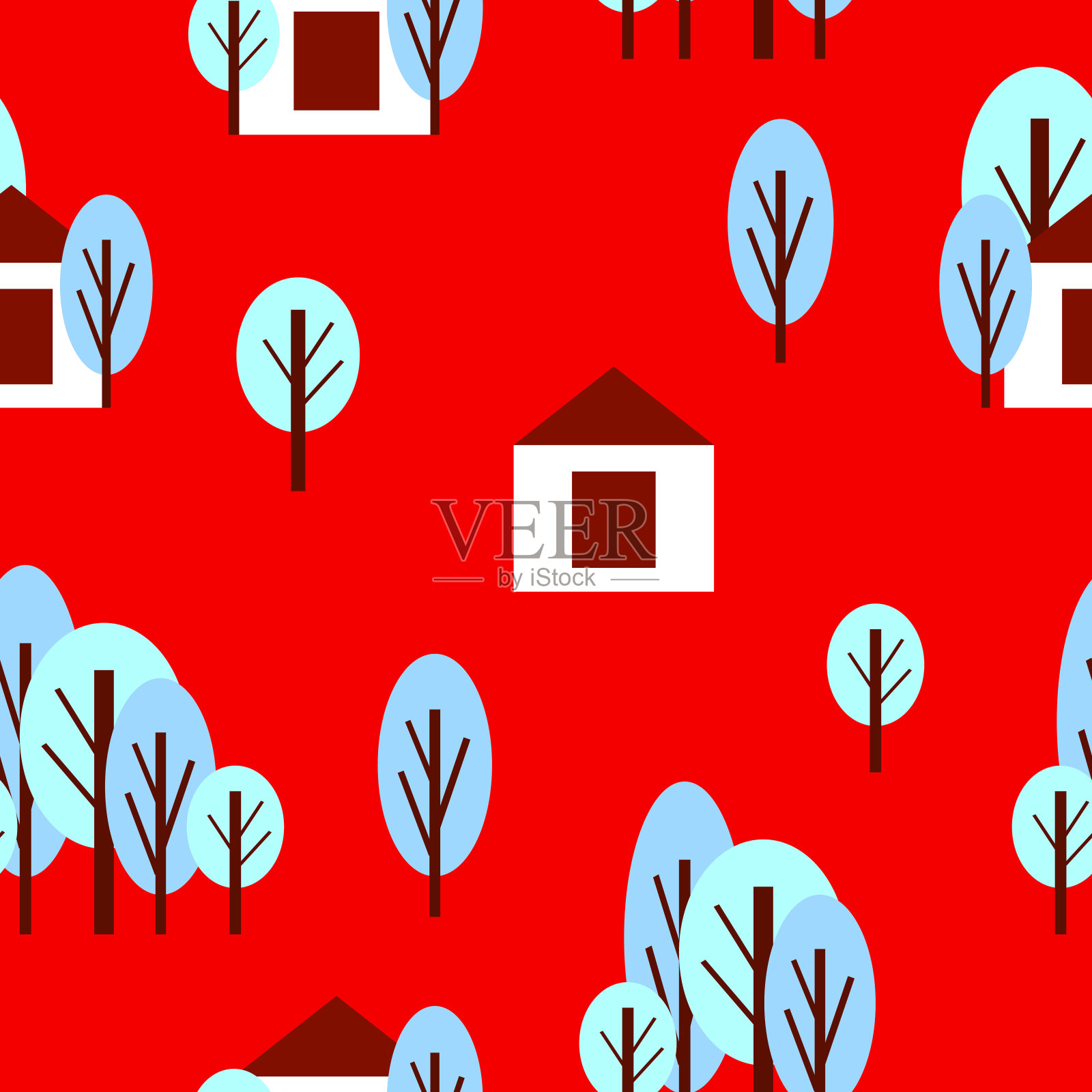 无缝模式与冬天的蓝色树木和白色的房子。红色的背景。卡通平的风格。花园或森林。圣诞快乐。明信片，墙纸，纺织品，剪贴簿和包装纸插画图片素材