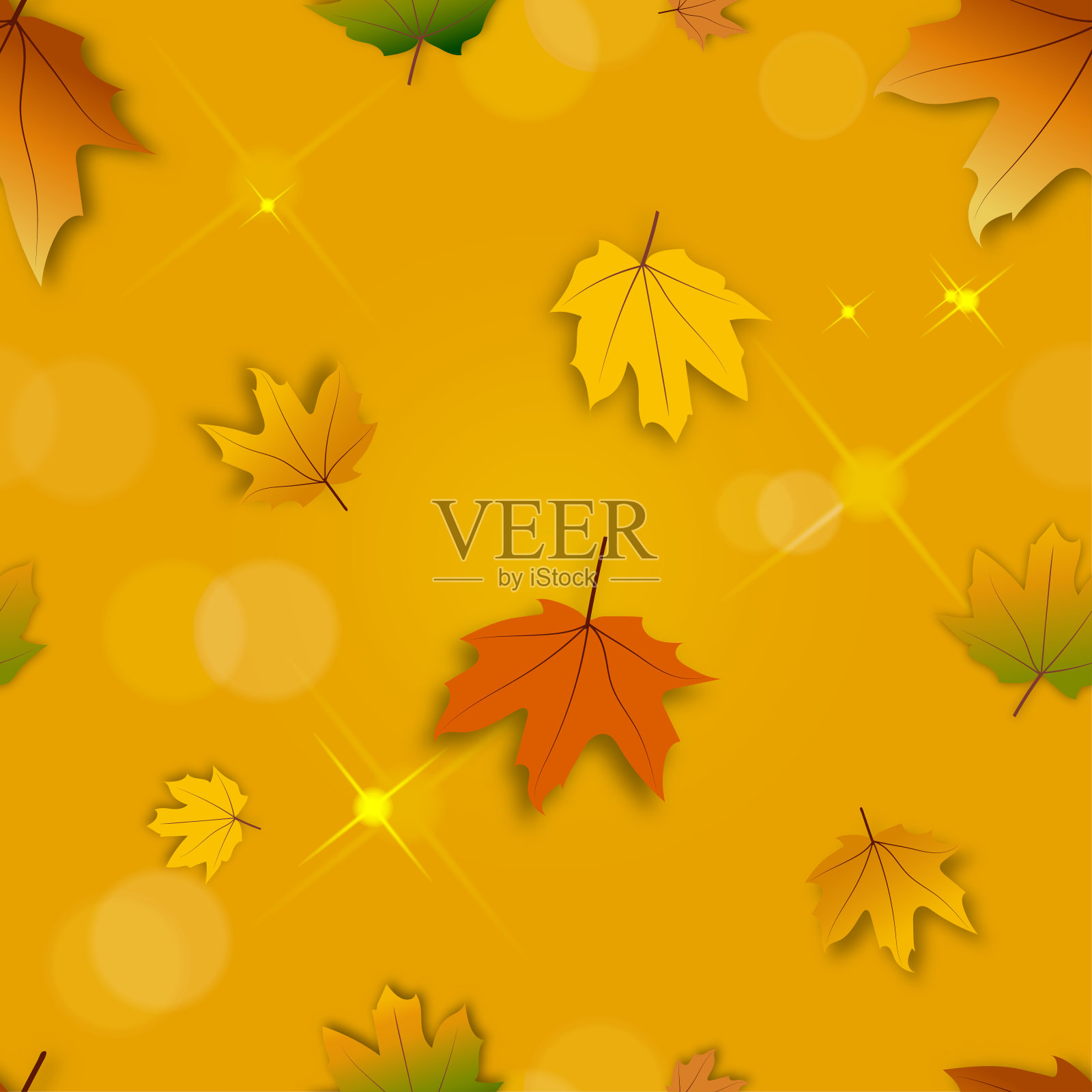 无缝图案秋季背景与散焦效果，枫叶在橙色和模糊的散焦背景上的红叶，秋季概念与枫叶在散焦阳光效果插画图片素材