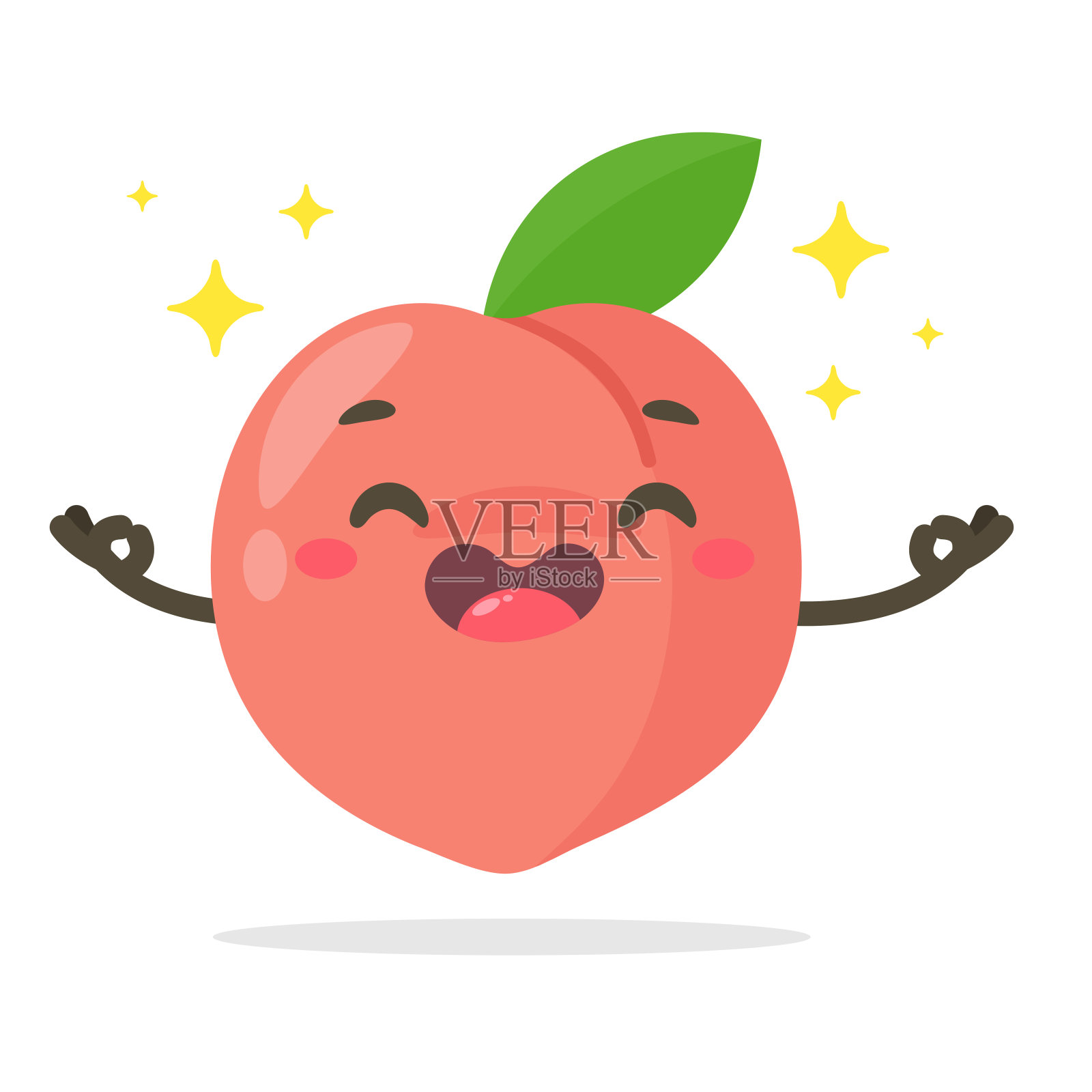 粉红桃载体，顶部有绿叶，白色背景孤立，健康果实概念。插画图片素材