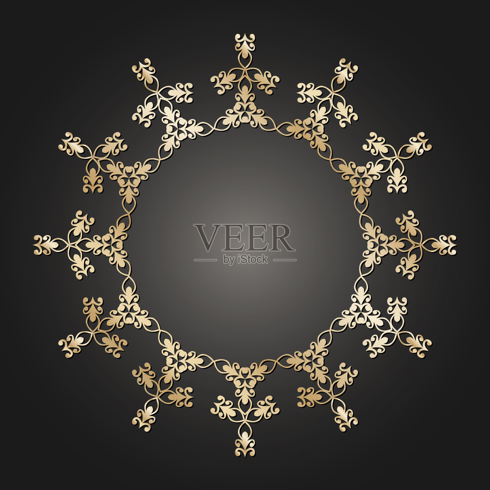 金色框架与花边装饰在圆圈上的黑色背景。装饰艺术。豪华金圆曼荼罗，手绘设计。民族图案。抽象的矢量图。邀请模板设计。插画图片素材