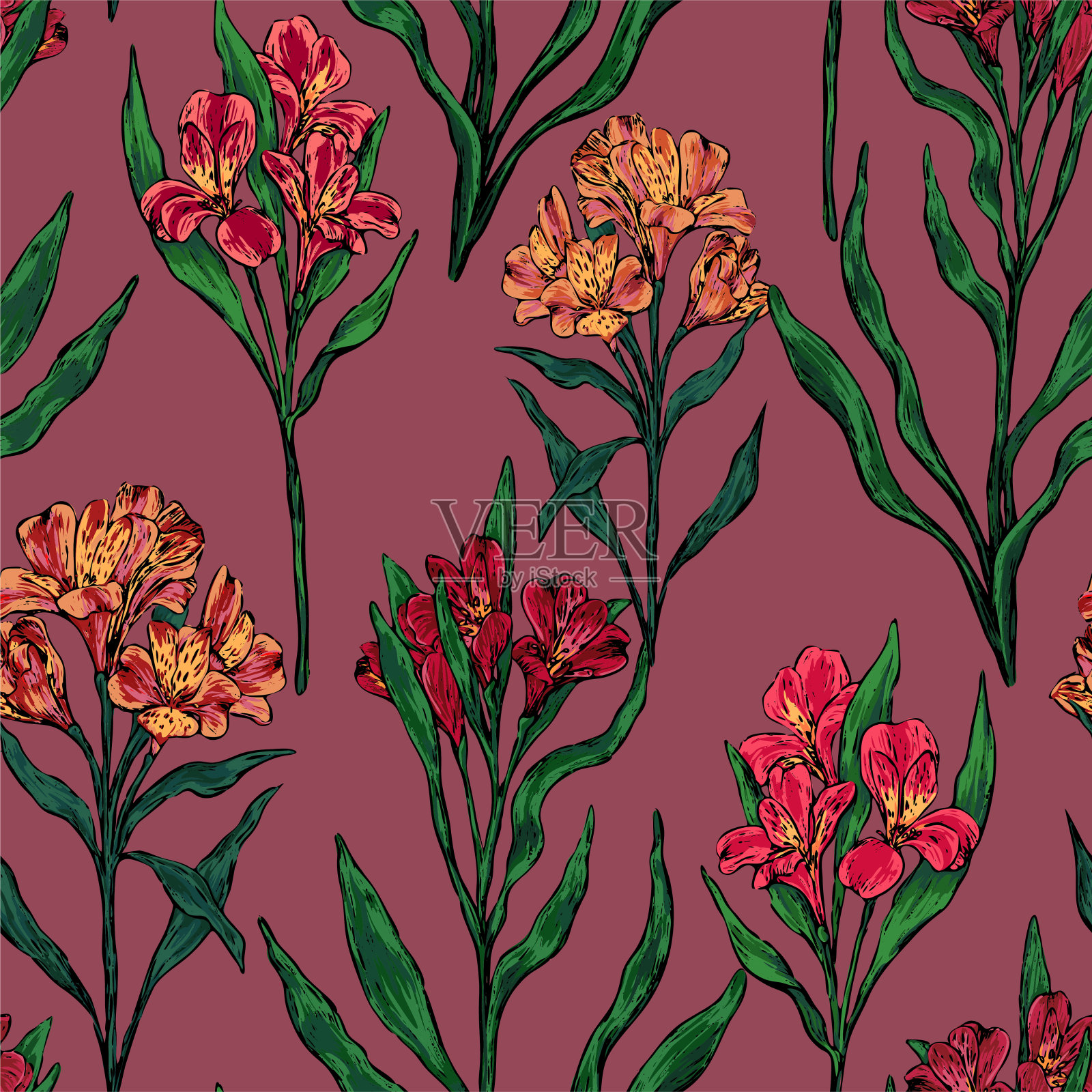 复古矢量无缝模式。热带桤木花的草图。手绘外来植物背景。彩色鲜艳的植物墙纸，纺织，纸张，印刷，包装，织物，卡片。插画图片素材