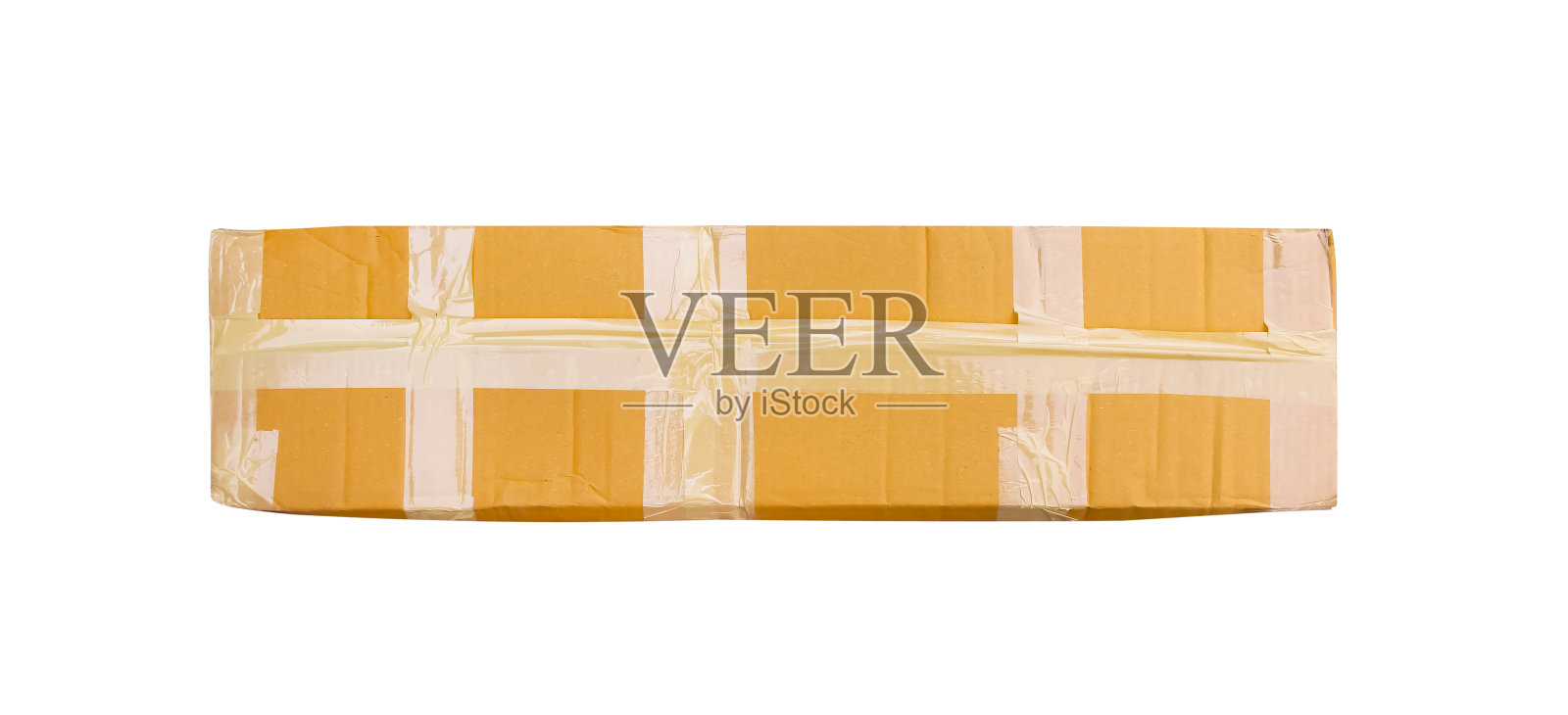 顶视图长纸板盒封闭胶带，在线购买和发货隔离在白色背景，剪切路径照片摄影图片