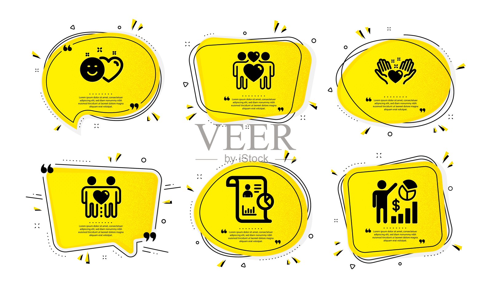 报告，微笑和朋友夫妇图标集。捧心，恩爱夫妻和Seo统计标志。向量图标素材