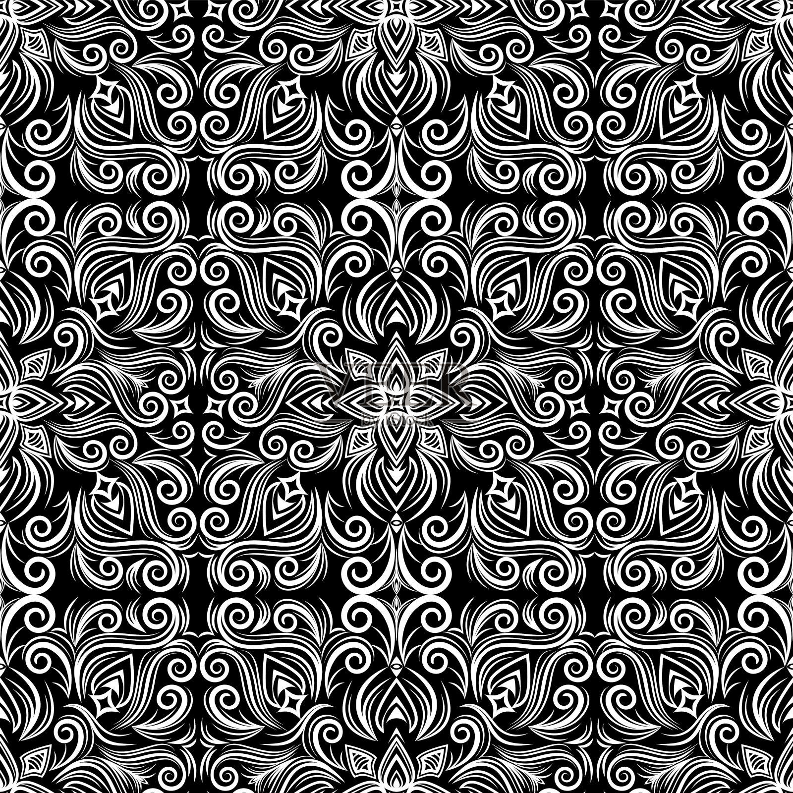 矢量抽象黑白点缀，曲线漩涡无缝花纹与花朵和卷曲，线条民族绘图。用于织物设计，墙纸，包装，印刷，框架，装饰的复古窗饰插画图片素材