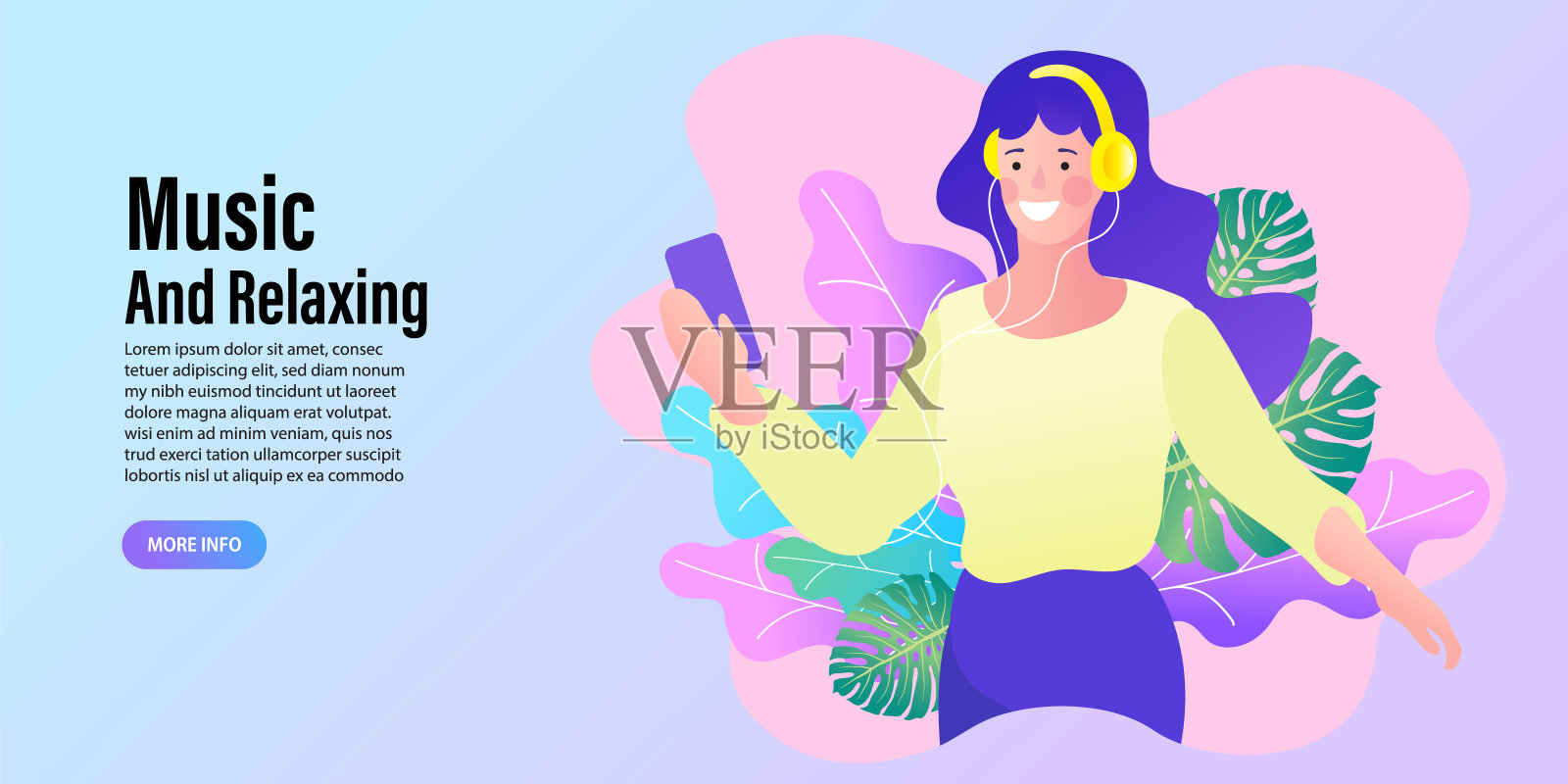 女人戴着耳机听音乐。声音的自然或休闲放松的概念。平面向量插图。插画图片素材