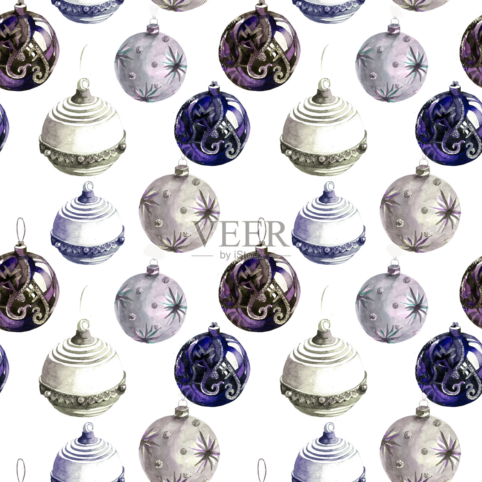水彩装饰圣诞球孤立在白色无缝模式。插画图片素材