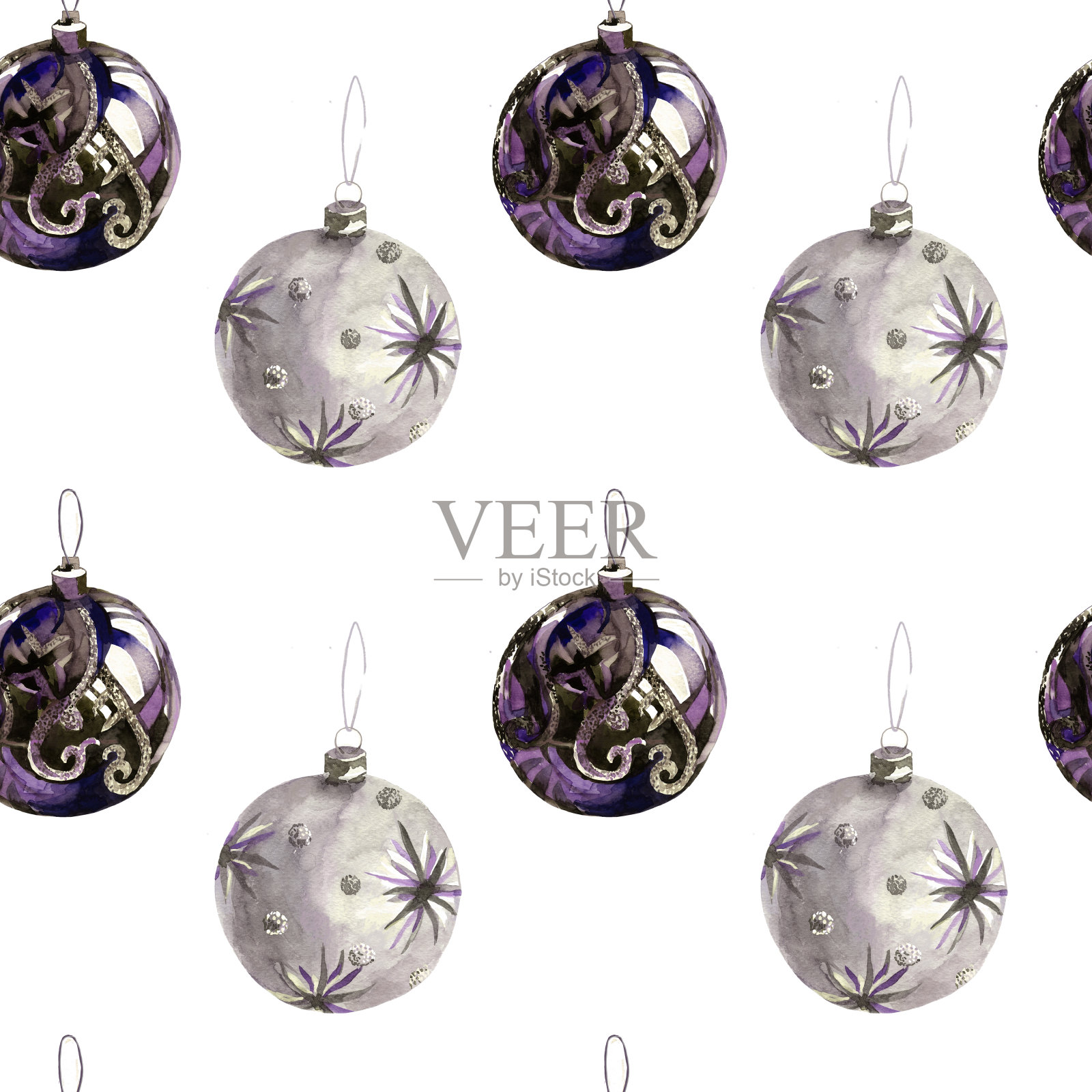 水彩玻璃圣诞球孤立在白色无缝模式。插画图片素材
