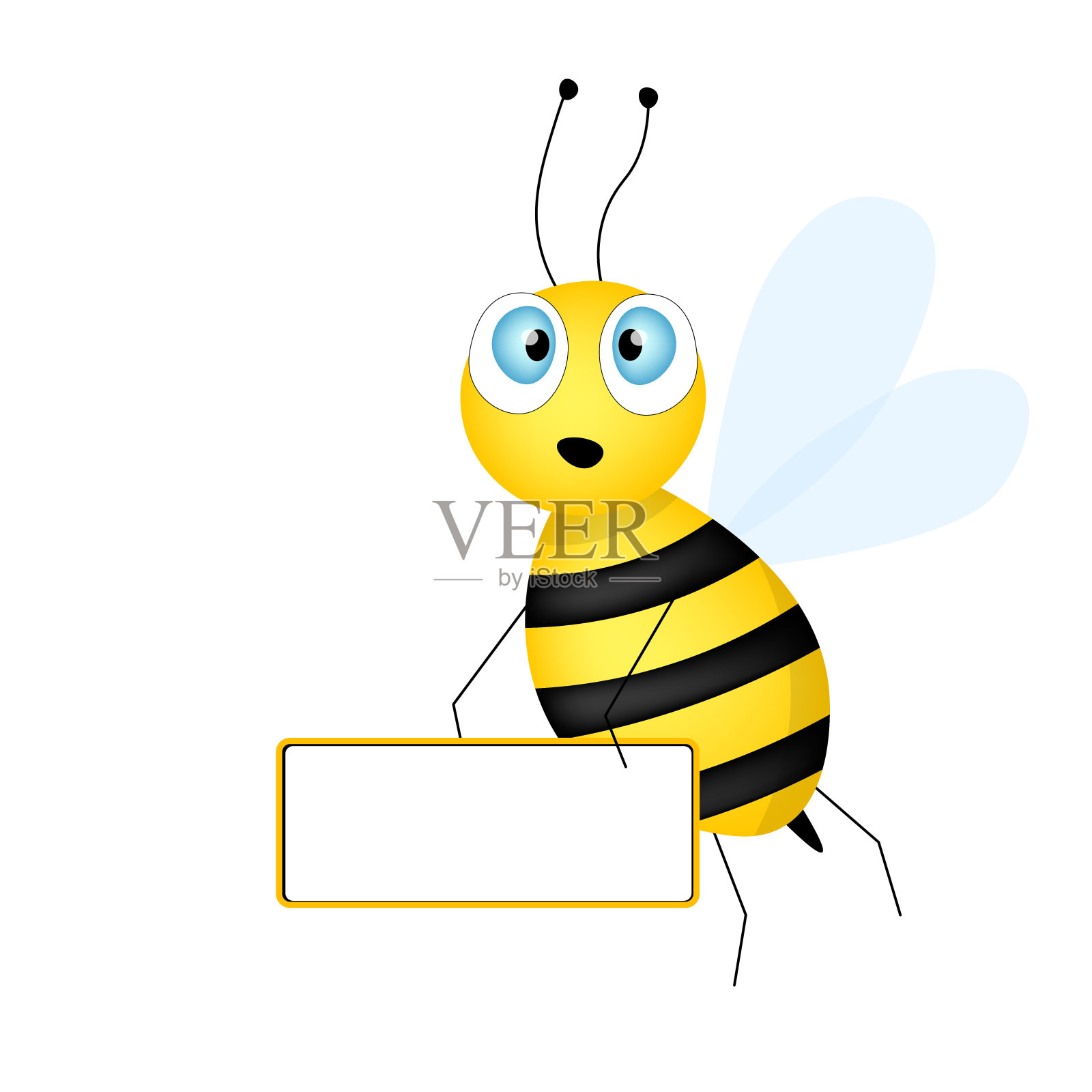 卡通可爱的蜜蜂吉祥物。快乐的蜜蜂和一张空桌子。小黄蜂。向量的性格。昆虫图标。节日模板设计邀请，卡片，墙纸，学校，幼儿园。副本的空间。设计元素图片