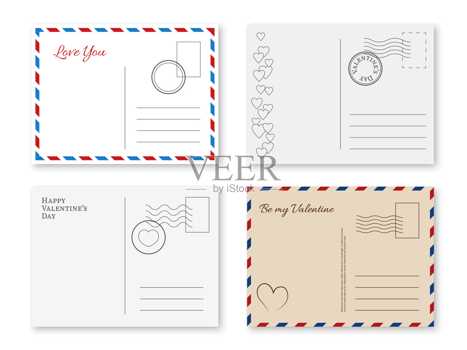 情人节的明信片。浪漫的邮票情人节贺卡(节日装饰)、邀请信和邮框、牛皮纸和白纸反面矢量套装插画图片素材