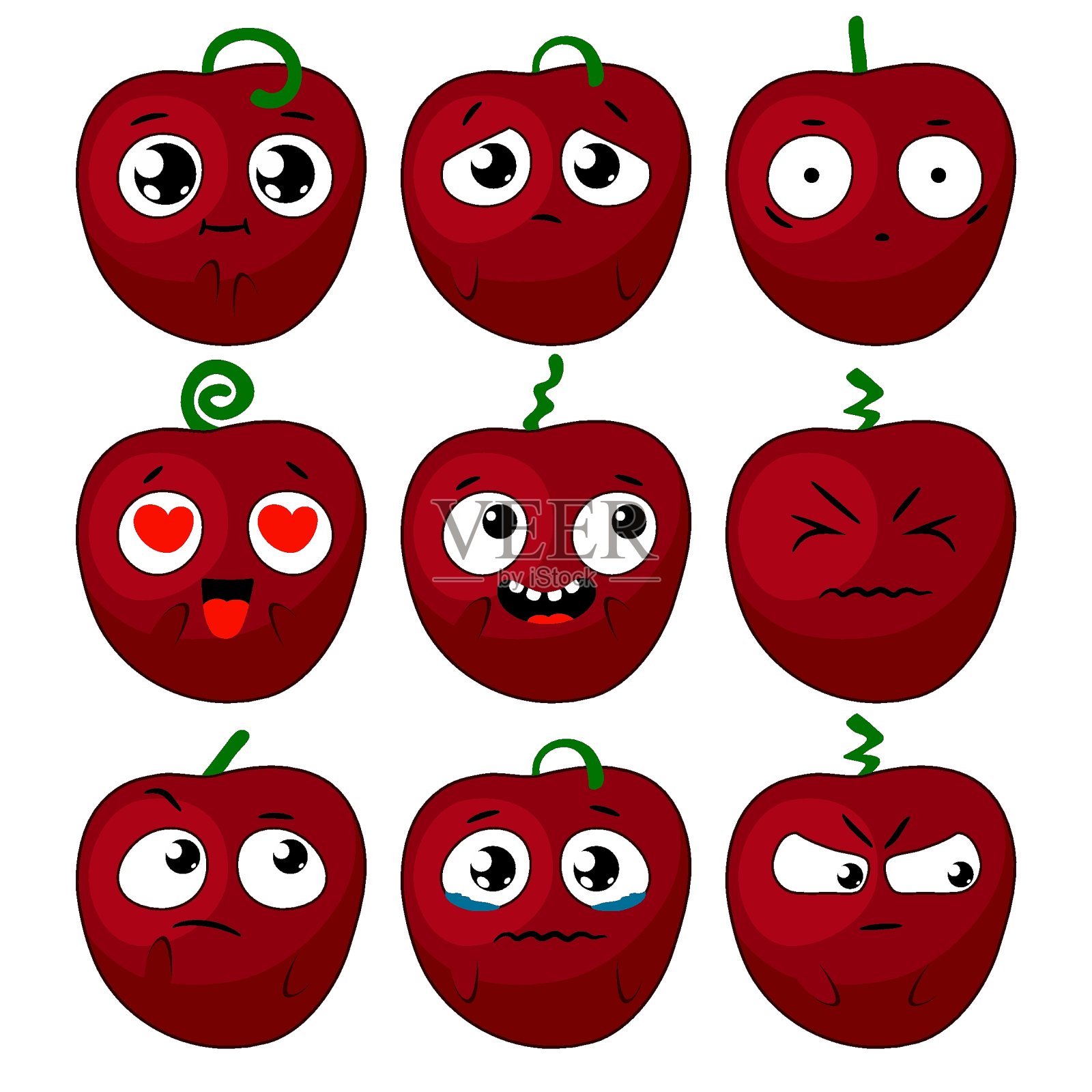 樱桃的情绪。Emoji卡通人物。用不同的表情符号表达不同的情绪设计元素图片