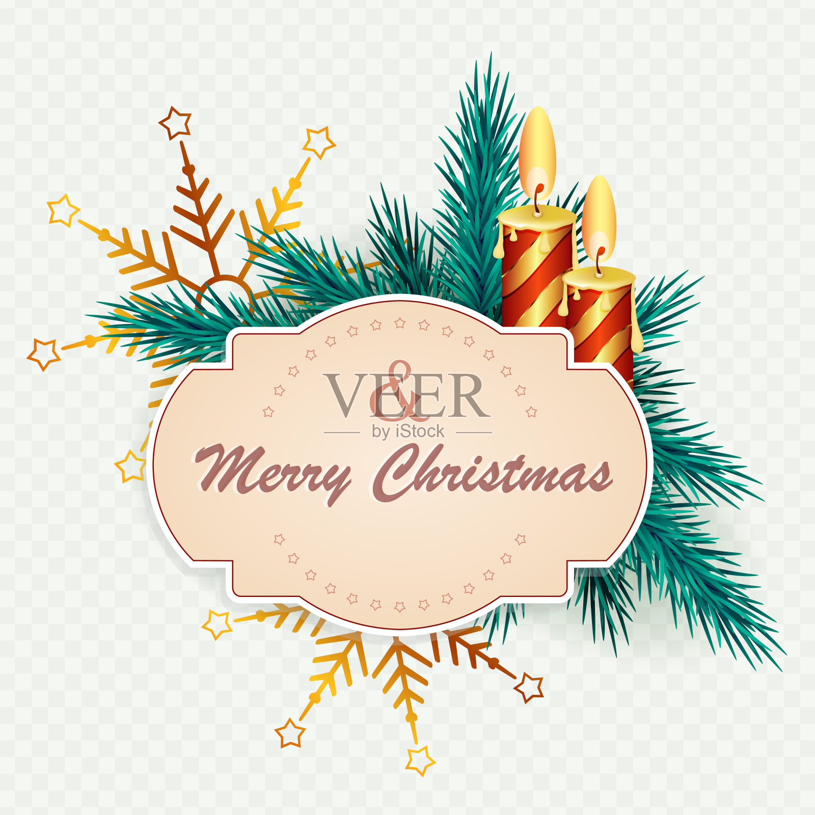 圣诞节的组成元素。框架在米色阴影下，圣诞树的树枝上有雪花，燃烧的蜡烛设计模板素材