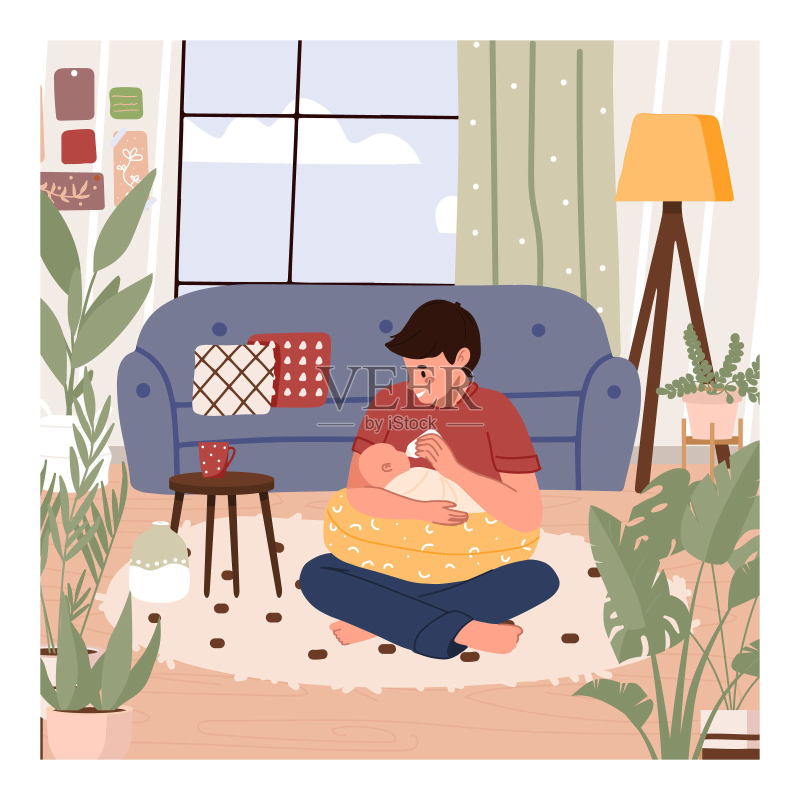 父亲以莲花姿势用奶瓶喂养新生儿。屋里抱着婴儿的男子。时尚的斯堪的纳维亚hygge室内，客厅。快乐的父亲，照看孩子，父亲节概念，横幅插画图片素材