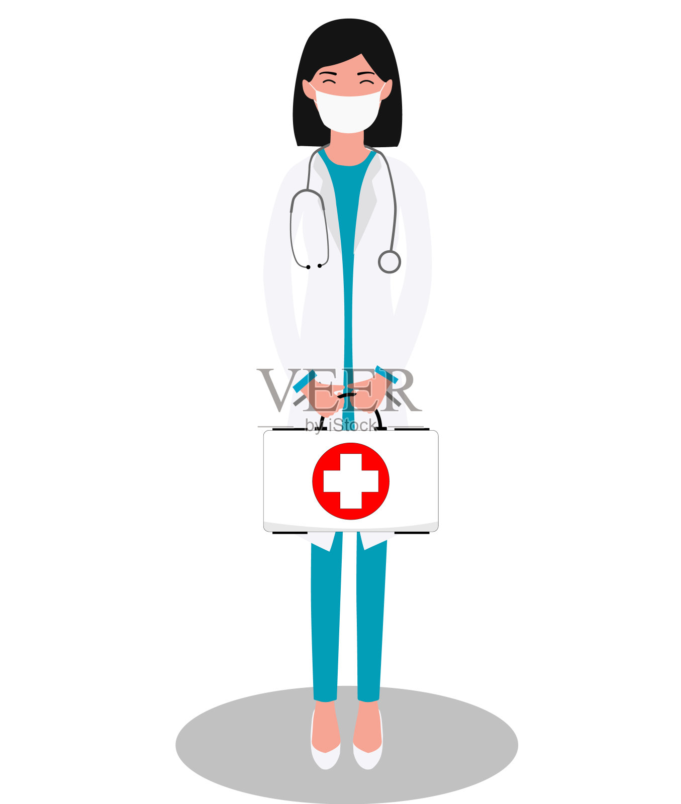 女医生站在充分成长在一个面具和持有一个急救箱在她的双手在白色的背景。矢量图插画图片素材