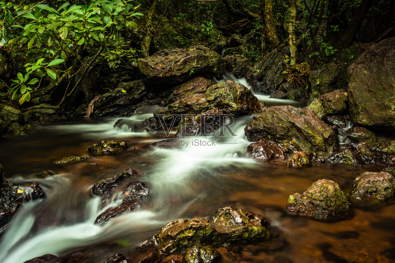瀑布覆盖着郁郁葱葱的森林，长时间以平角暴露照片摄影图片