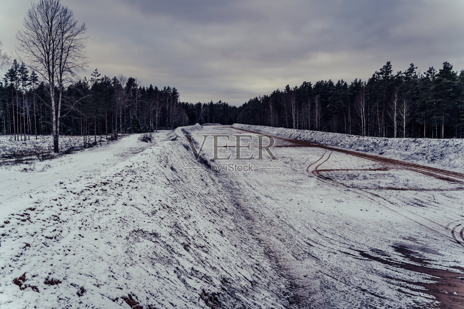 汽车轮胎的痕迹在一个空旷的田野覆盖着雪，木头在背景-阴天，复古电影看照片摄影图片
