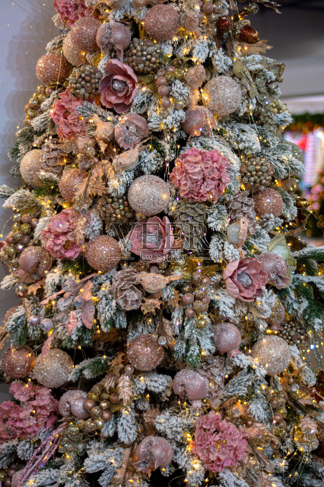 美丽和富丽装饰的圣诞树在紫色的阴影照片摄影图片