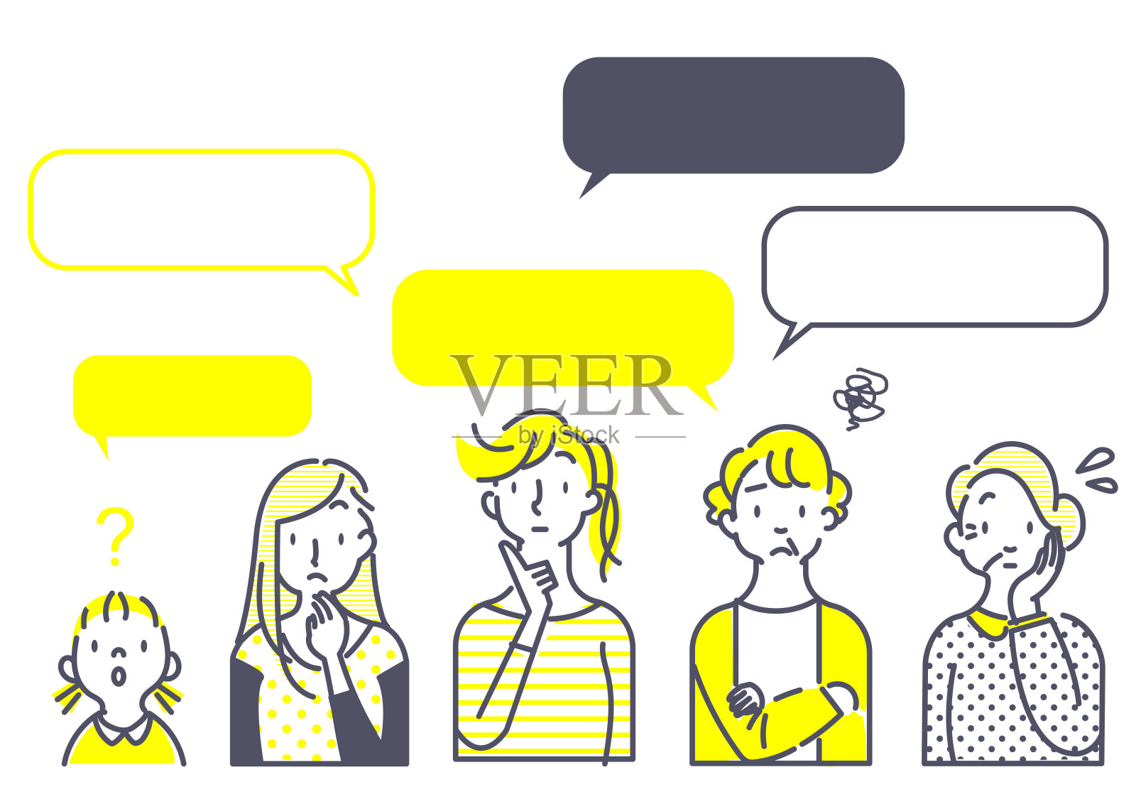 简单的女人图标集，手绘，黄色和灰色插画图片素材