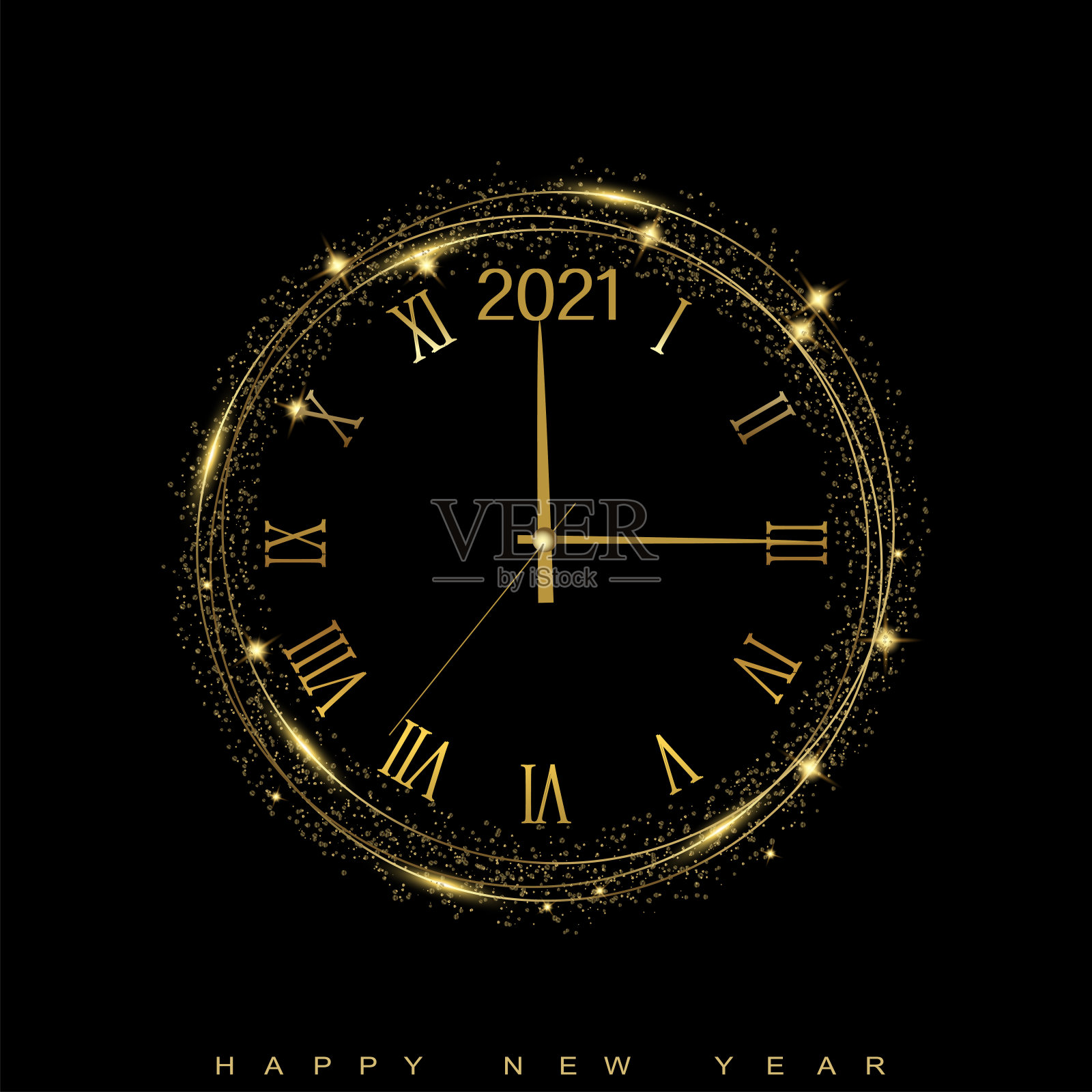 2021年新年贺卡，金色和闪闪发光的文字。向量插画图片素材