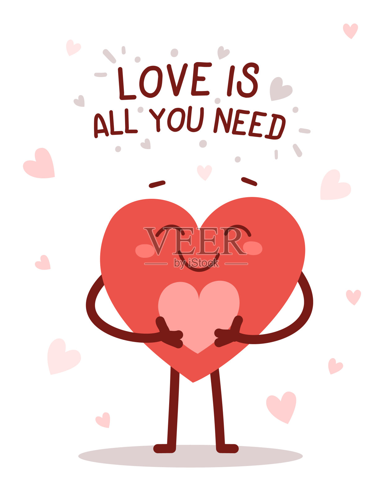 矢量红色可爱的快乐的心字符抱着一个心与微笑和文字在白色的背景。浪漫扁平风格的情人节插画插画图片素材