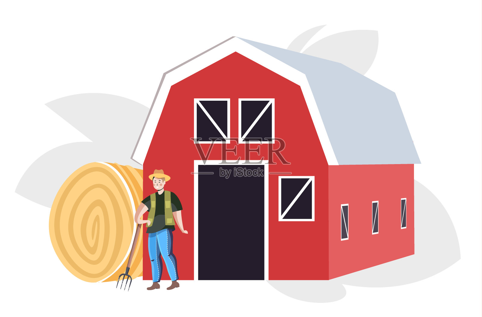 男农民以统一的收干草生态农业理念水平耕作插画图片素材