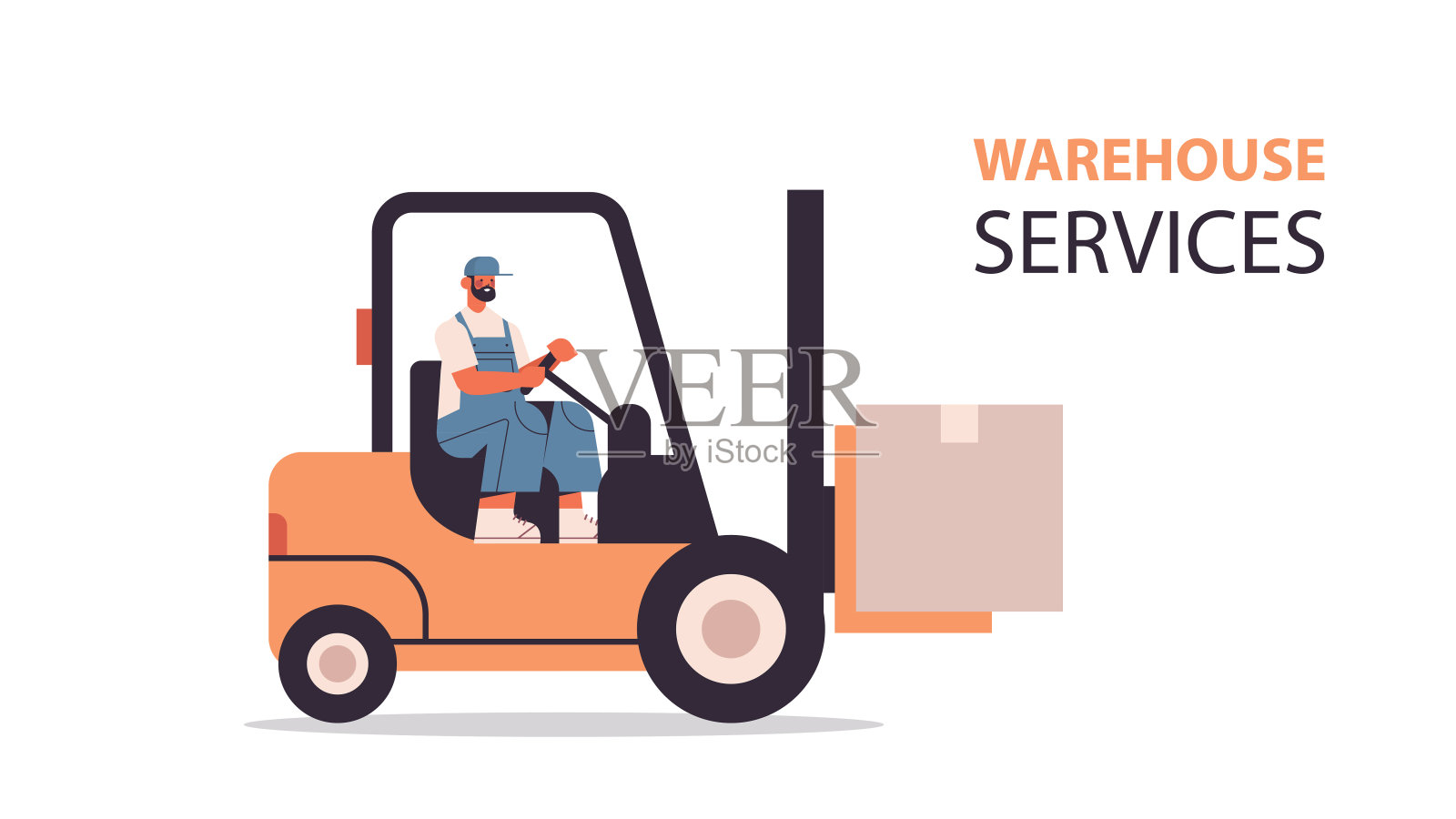 叉车司机在仓库中装载纸箱产品，货物运输交付服务理念插画图片素材