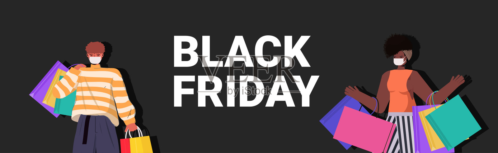 混合种族的夫妇戴着口罩站在购物袋黑色星期五大促销横幅冠状病毒检疫插画图片素材